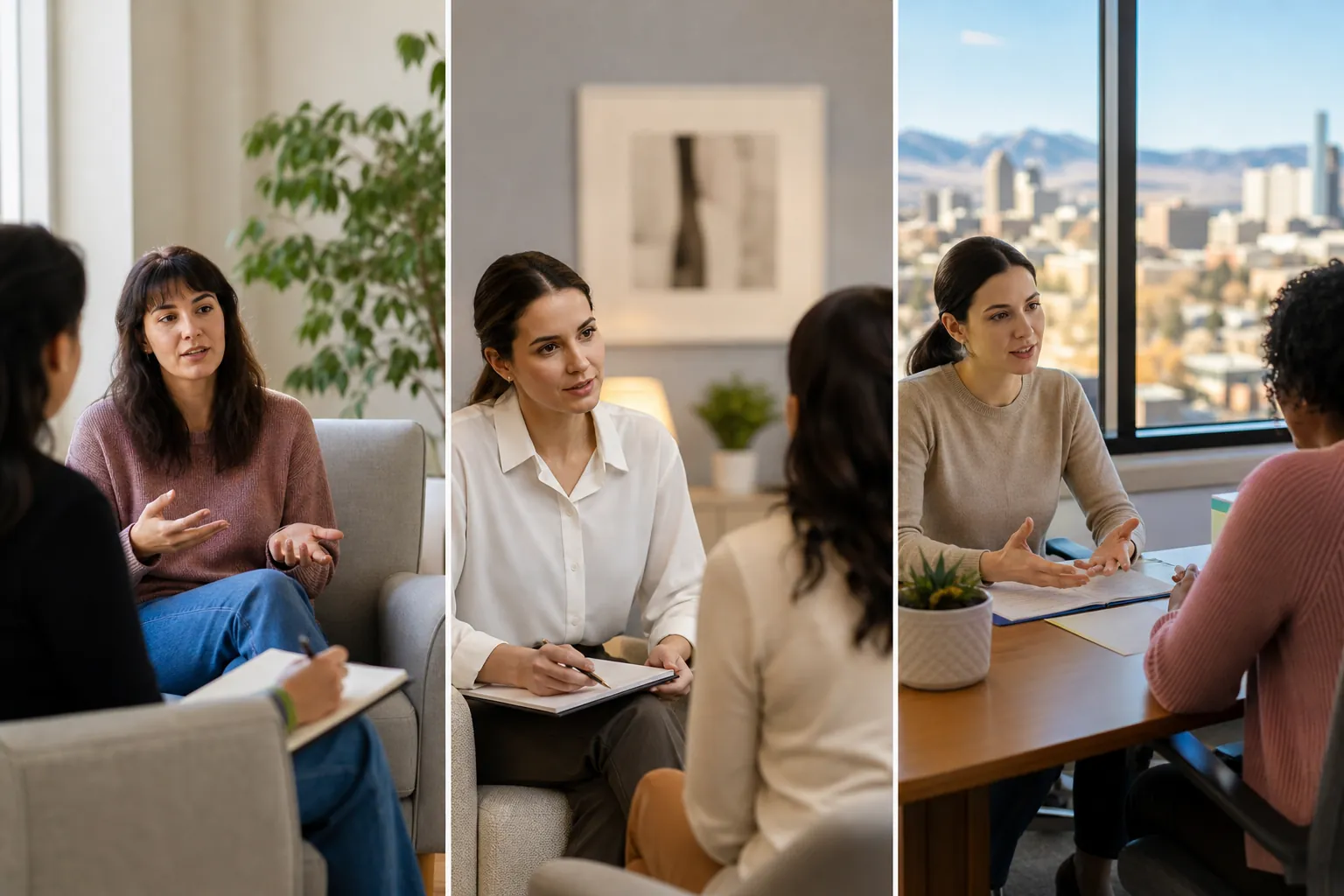 Women in Three One-on-One Care Consultations Three side-by-side scenes show women in one-on-one office consultations, with notebooks, a clipboard, and a city view.