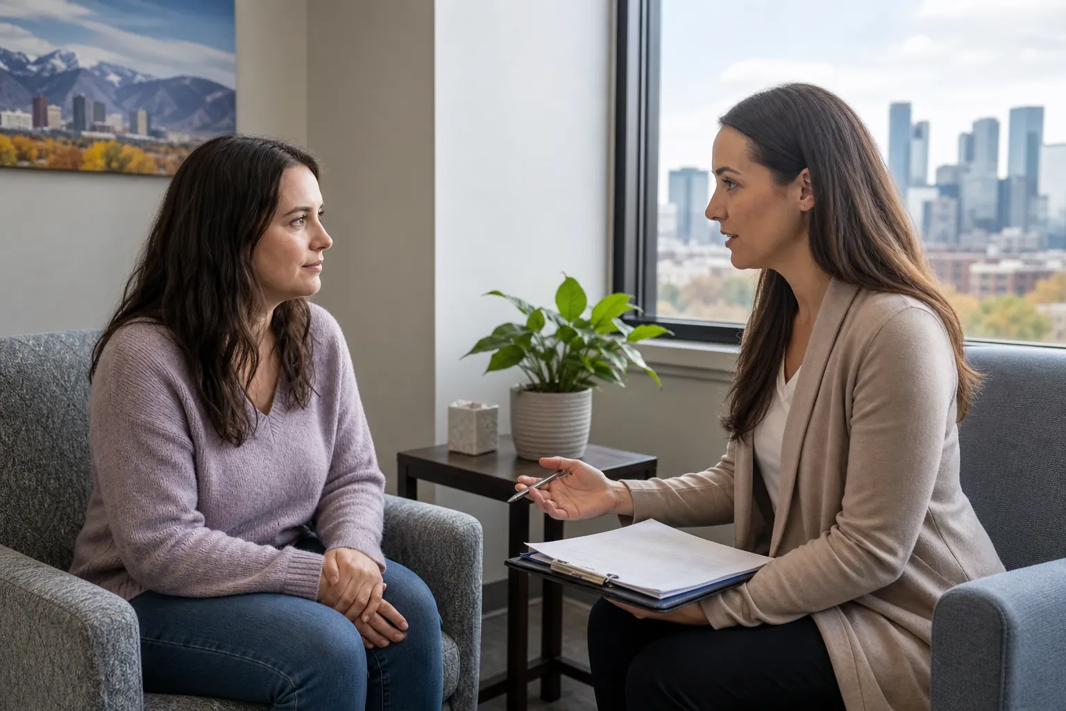 Two Women Discussing Care in an Office Two women sit facing each other in an office, one holding a pen and clipboard, with a city skyline outside the window.