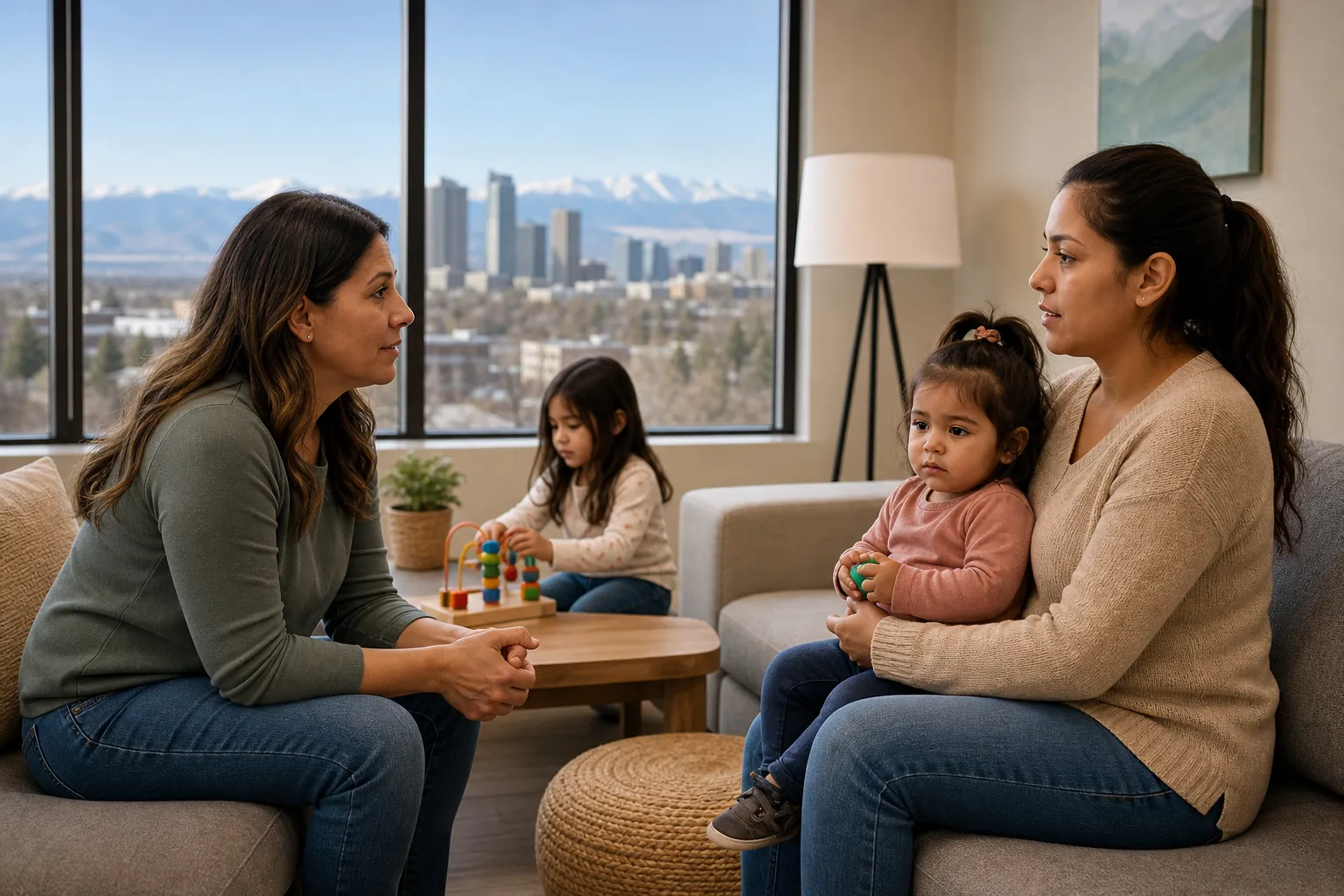 Women and Children in a Mountain-View Counseling Room Two women sit facing each other while one holds a toddler and another child plays with a bead toy, with mountains beyond the windows.