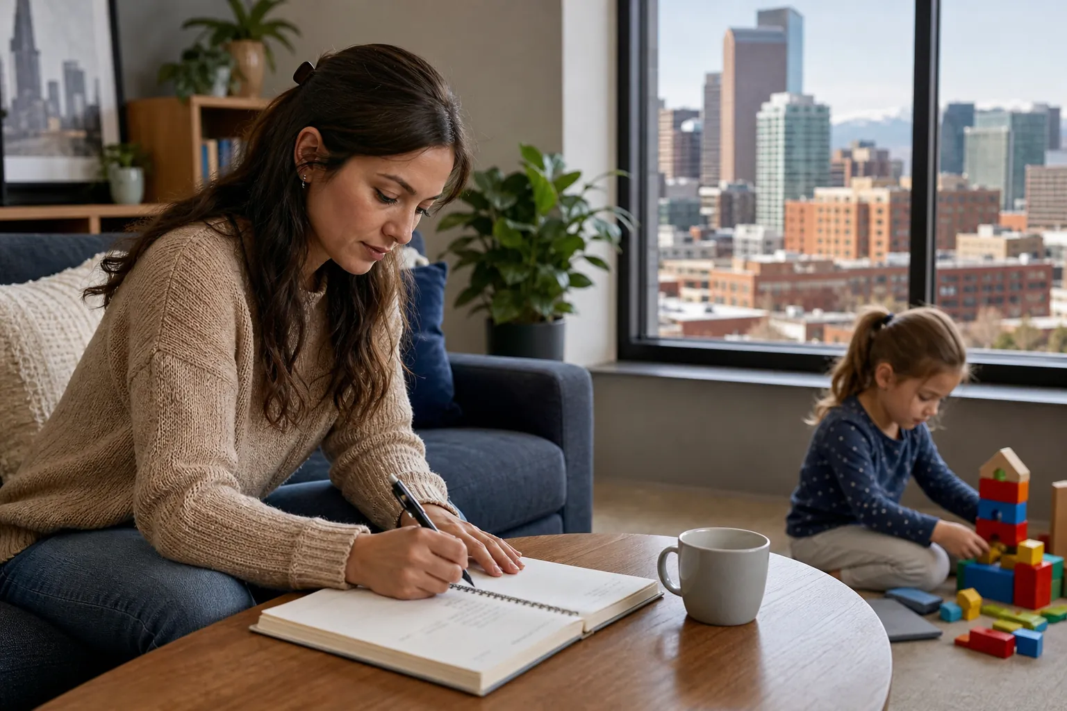 Woman Writing in a Notebook While a Child Plays Nearby A woman writes in an open notebook at a coffee table while a young girl plays with colorful blocks beside a city-view window.