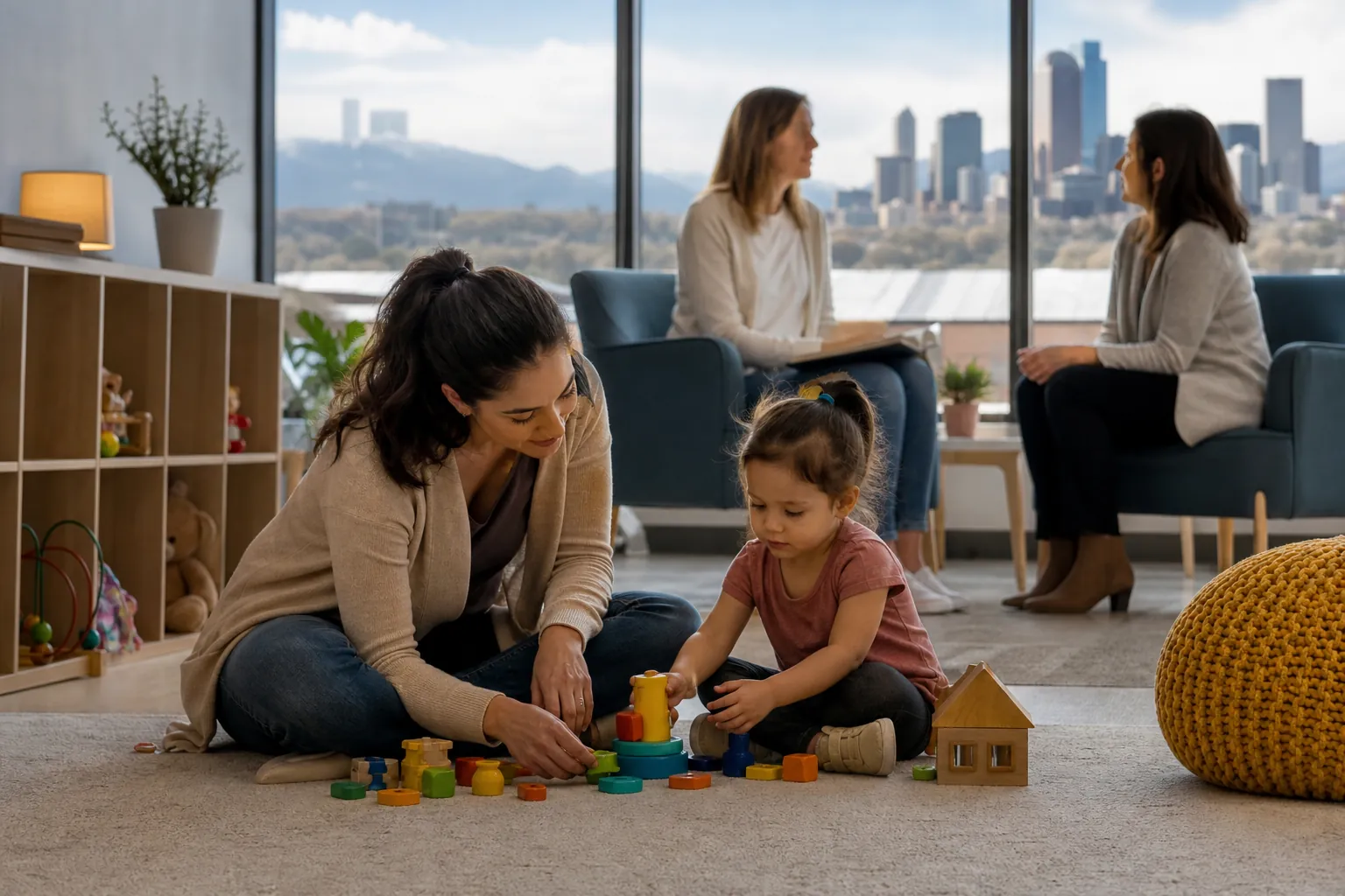 Woman and Child Playing Near a Seated Conversation A woman and young girl play with colorful blocks on a carpet while two women talk in armchairs near large city-view windows.