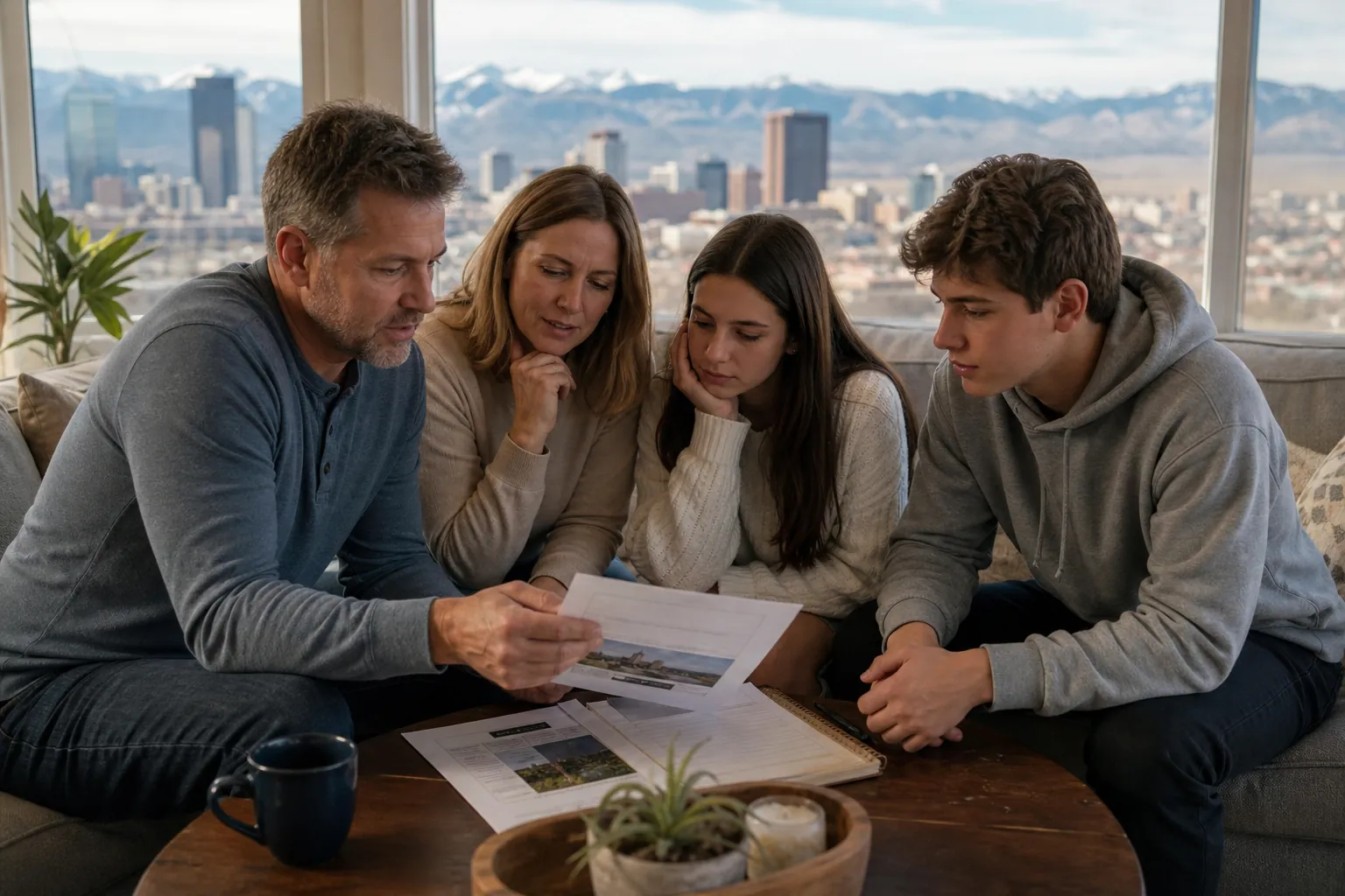 Family Reviewing Printed Materials Together Four family members sit on a couch reviewing printed materials, with a city skyline and mountains beyond the windows.