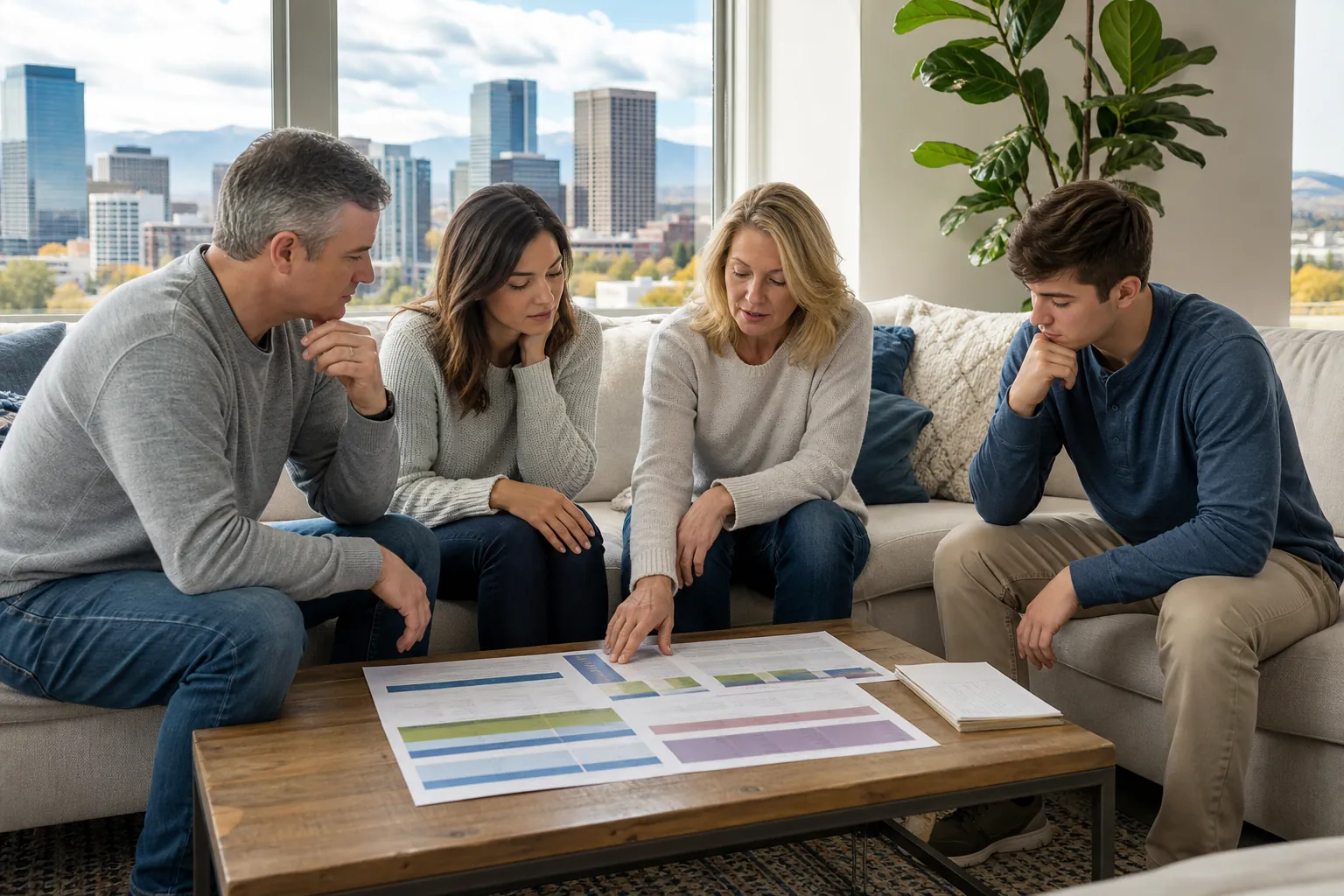 Family Reviewing Color-Coded Charts Together Four people sit around a coffee table reviewing printed color-coded charts, with a city skyline visible through large windows.