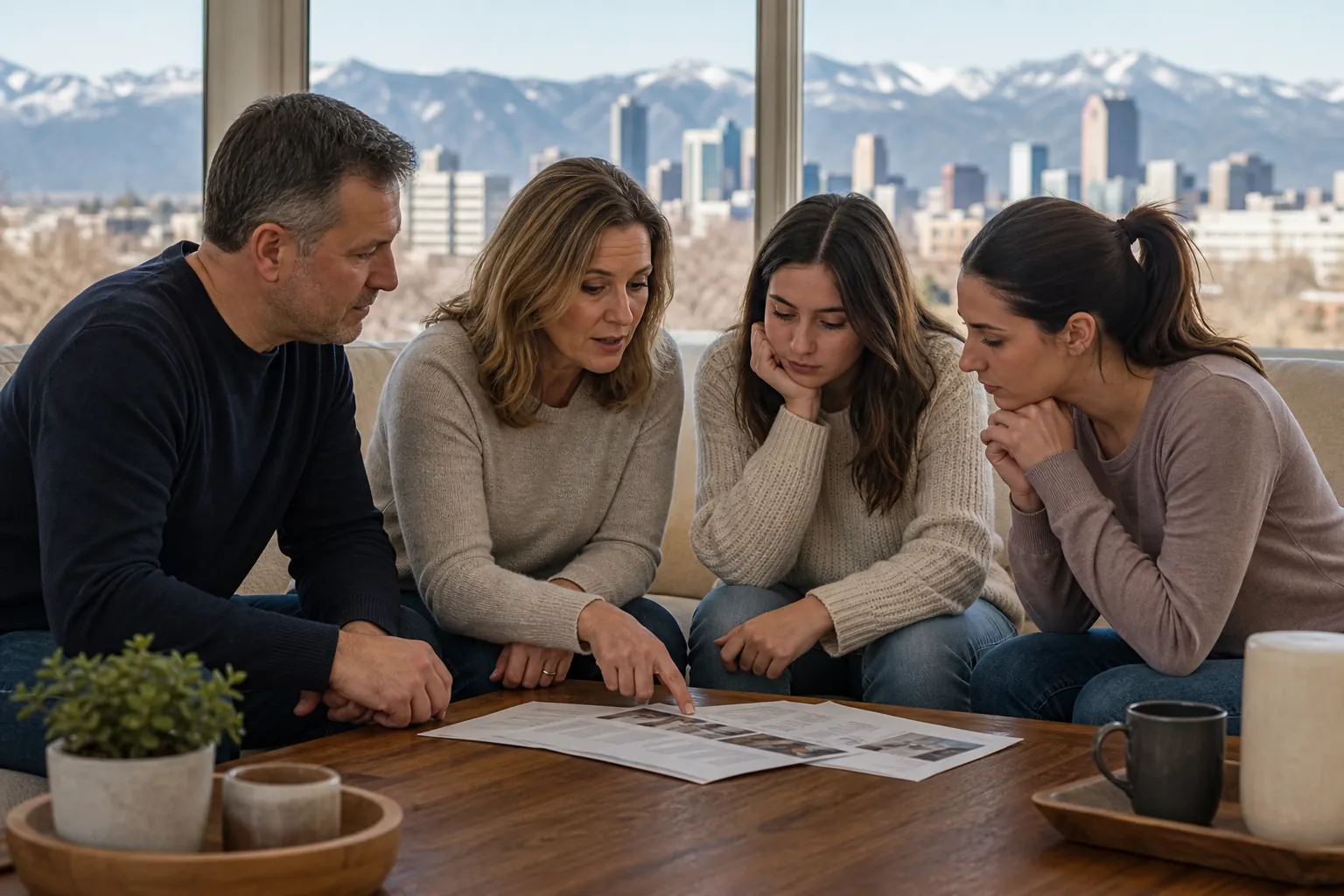 Family Reviewing Printed Information Together Four people review printed pages around a coffee table, with a city skyline and snowcapped mountains visible through large windows.