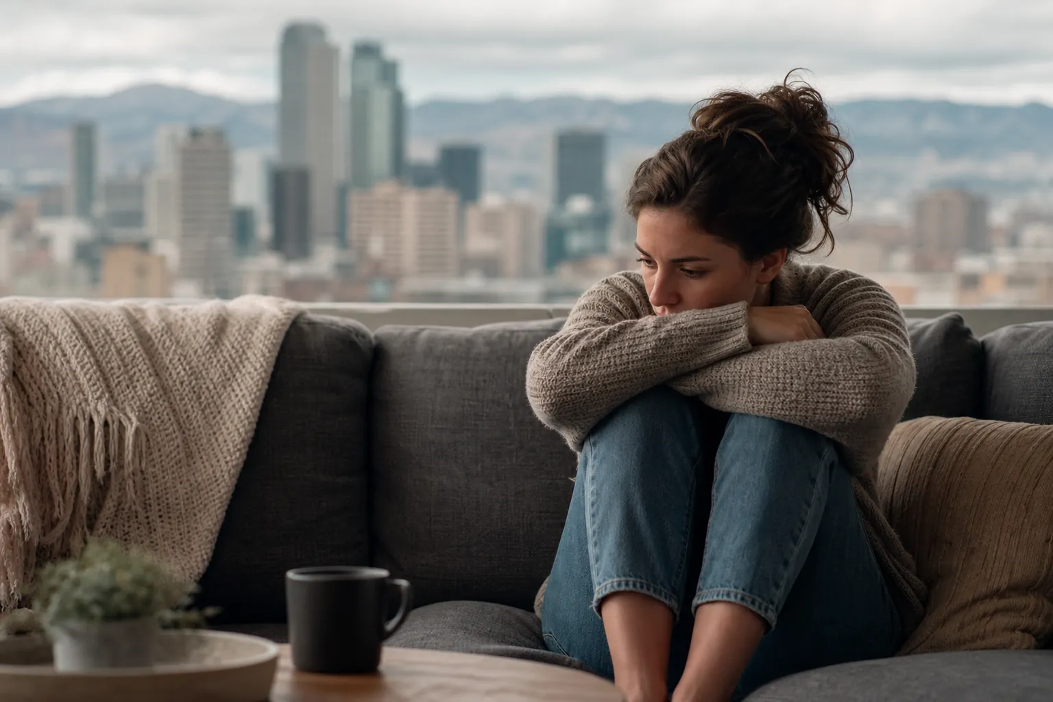 Woman Sitting Curled Up on a Sofa by a City Window A woman in a knit sweater sits curled up on a gray sofa, resting on folded arms, with a city skyline behind her.