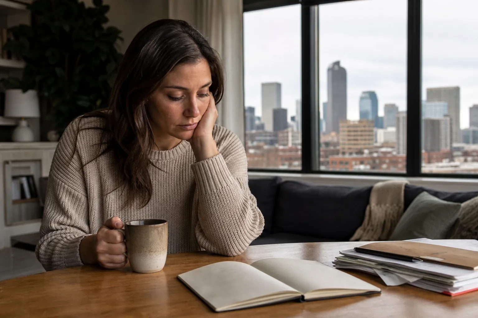 Pensive Woman Sitting With a Mug and Open Notebook A woman rests her cheek on one hand while holding a mug at a table with an open notebook and stacked papers.