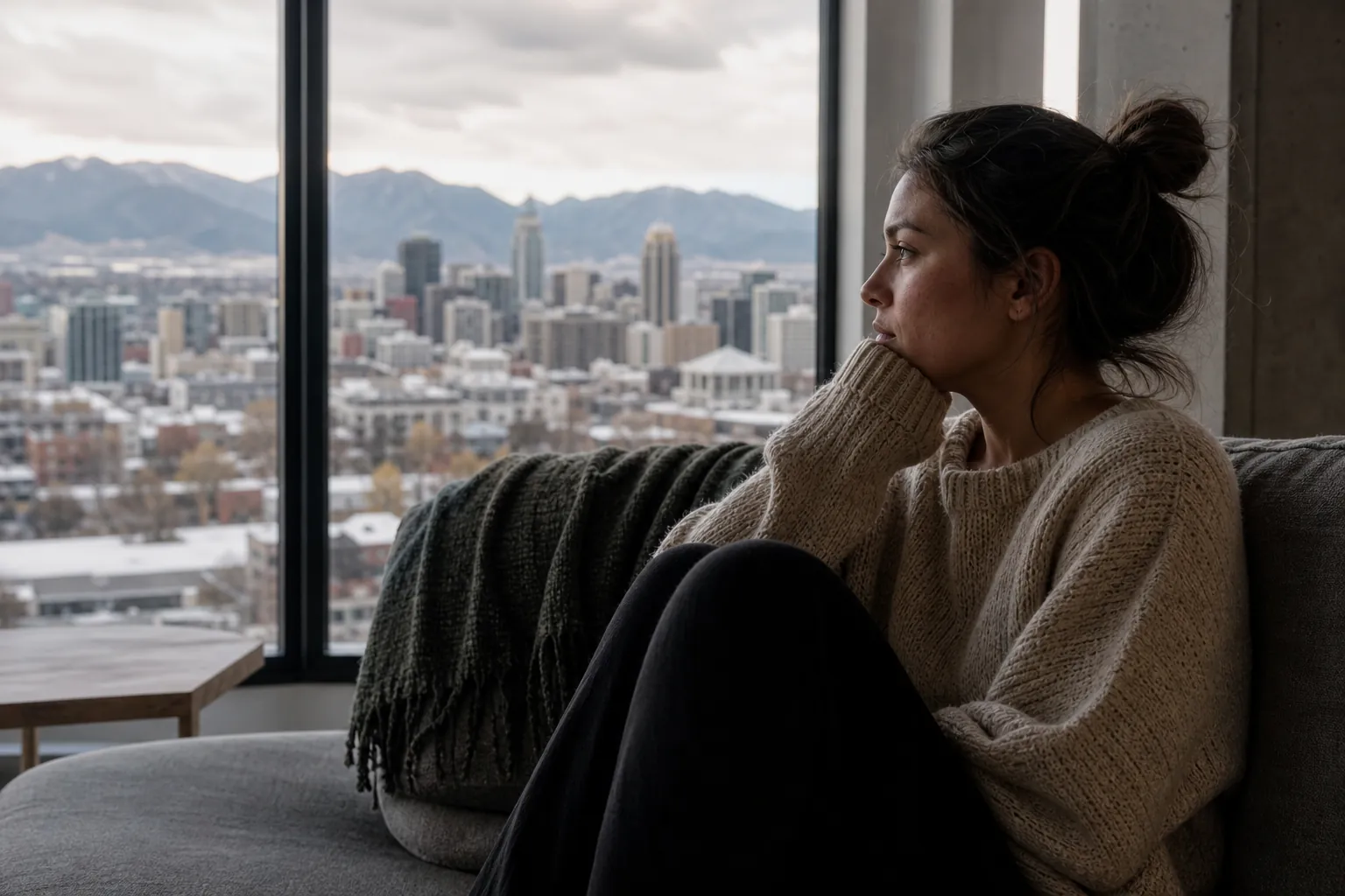 Woman Gazing Out a Window at a City and Mountains A woman in a beige sweater sits curled up on a gray sofa, gazing through a large window at a city skyline and mountains.