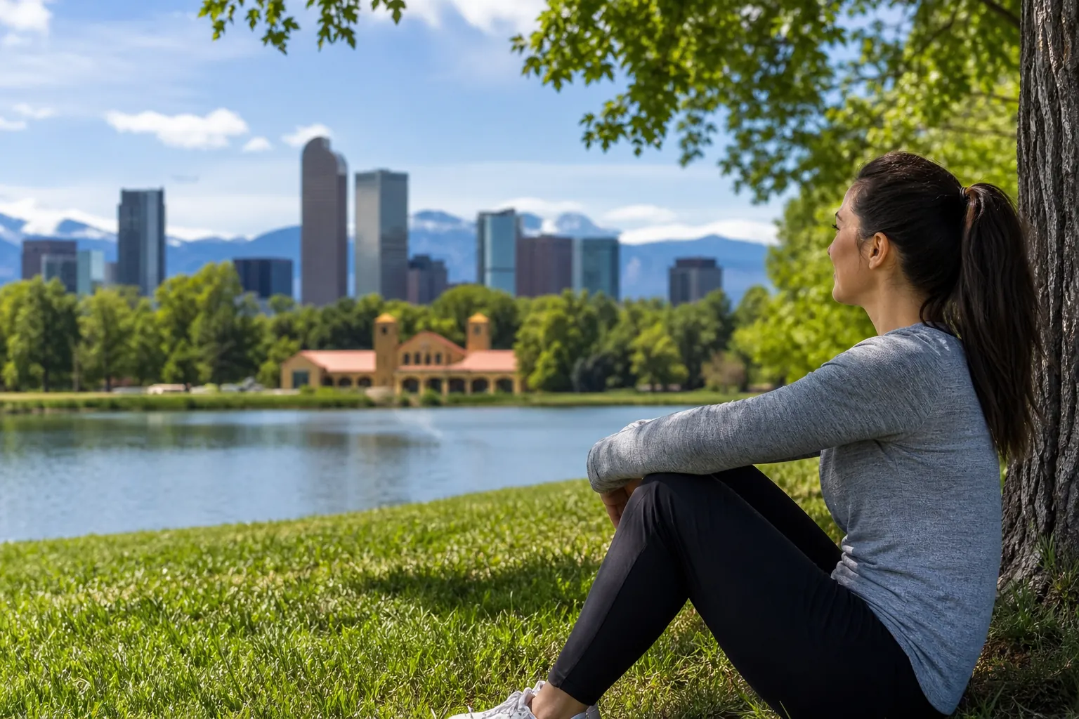 Quiet Lakeside Moment With City and Mountain Views A woman sits beneath a tree beside a lake, looking toward a city skyline with mountains in the distance.