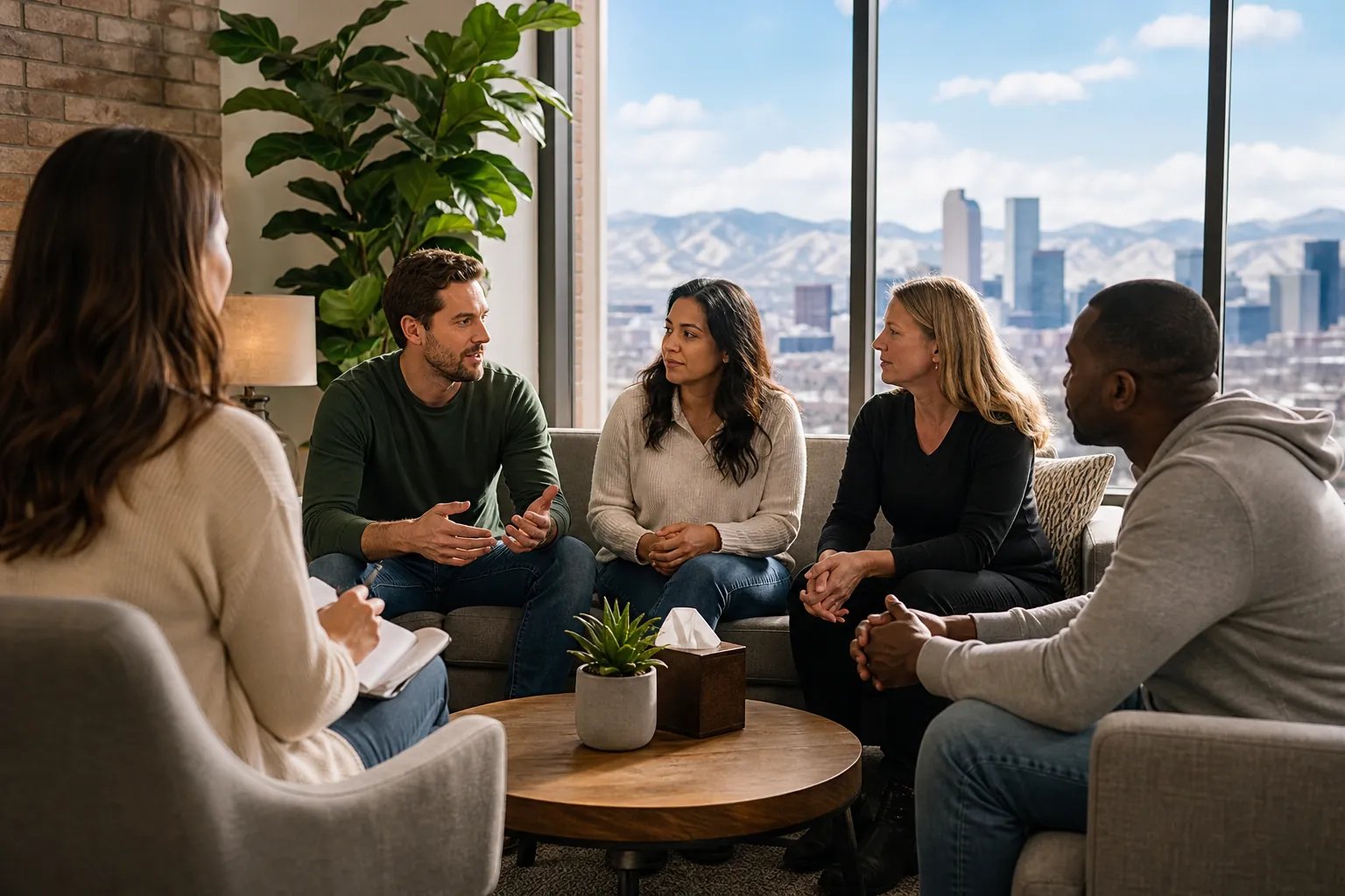Group Discussion in a Bright Counseling Room Five adults sit in a discussion circle around a coffee table, with a city skyline and mountains visible through windows.