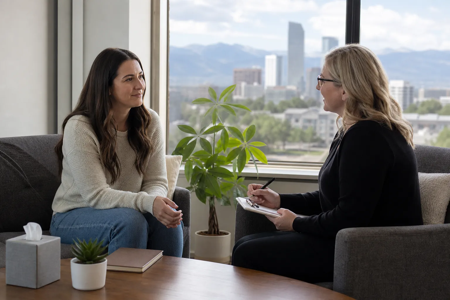 One-on-One Counseling Conversation in an Office Two women sit facing each other in an office, one holding a pen and clipboard, with mountains and a city skyline outside.