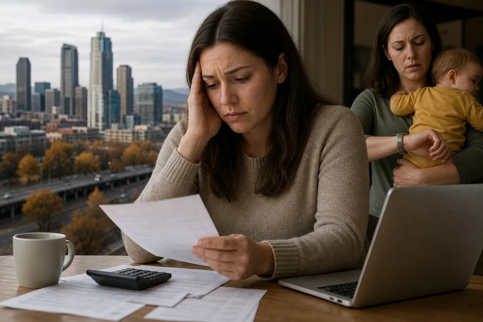 Woman Reviewing Paperwork While Another Holds a Baby A worried woman reviews paperwork beside a calculator and laptop while another woman holds a baby near a city-view window.
