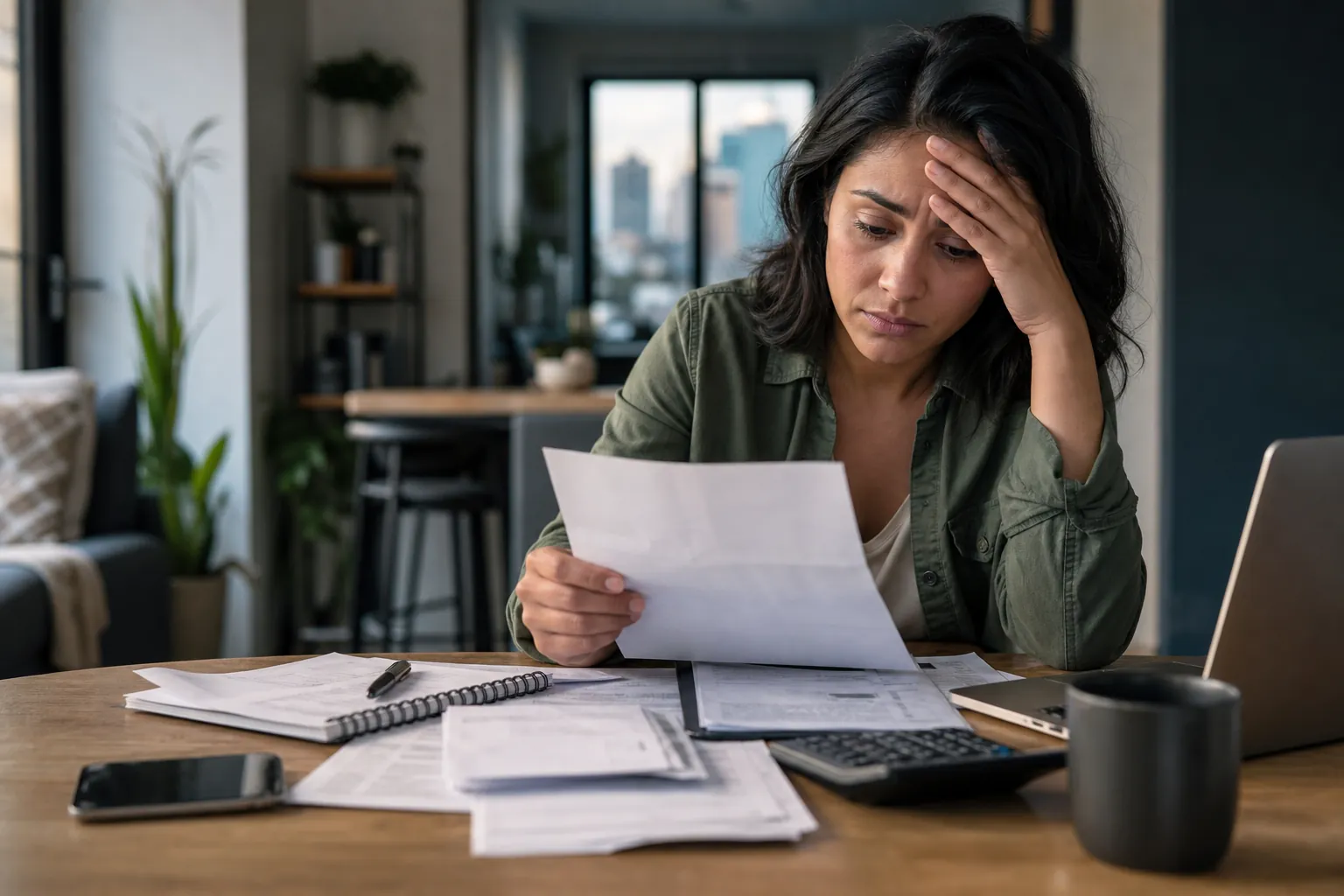 Worried Woman Reviewing Paperwork at Home A worried woman holds a paper with one hand against her forehead at a table covered with documents, a calculator, and a laptop.