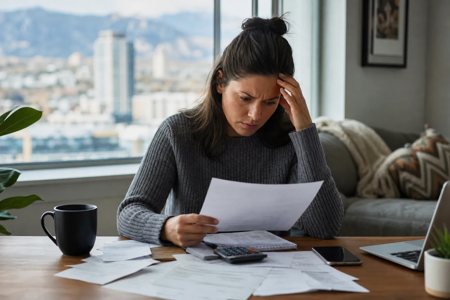 Worried Woman Reviewing Paperwork and Expenses A worried woman holds a paper at a table covered with documents, a calculator, a notebook, a phone, and a laptop.
