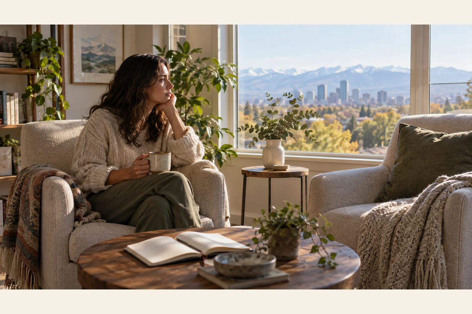 Woman Reflecting Beside a Window With City Views A woman holding a mug sits in an armchair beside a sunny window overlooking a city skyline and distant mountains.