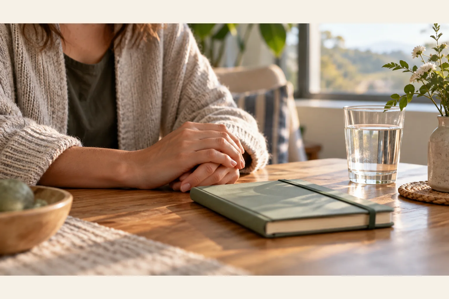 Clasped Hands Beside a Notebook in a Sunlit Room A person in a knit cardigan rests clasped hands on a wooden table beside a closed notebook, water glass and flowers.