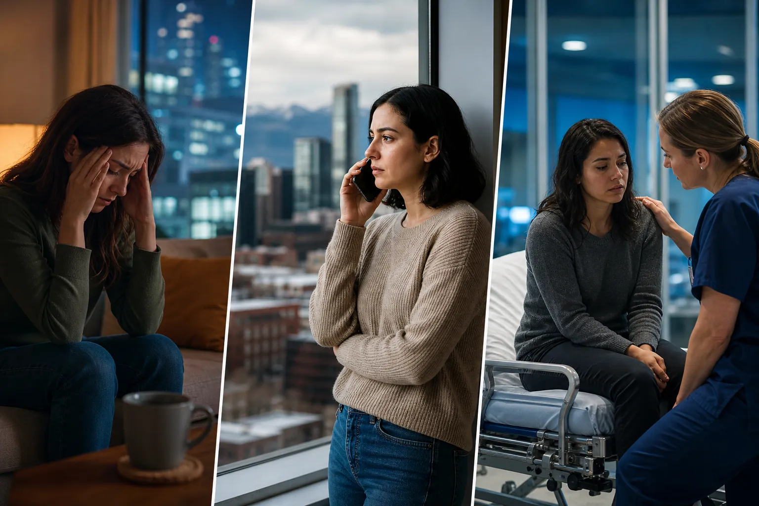 Distress, Phone Support, and Hospital Care Three panels show a distressed woman holding her temples, a woman on the phone, and a nurse comforting a woman on a hospital bed.