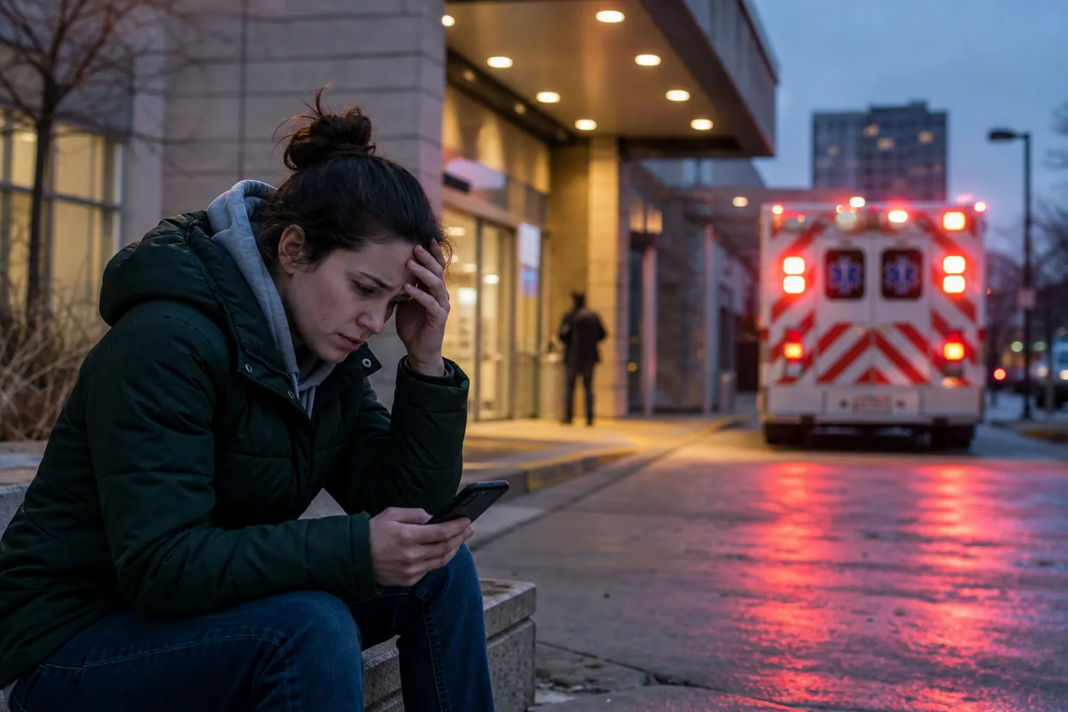 Worried Woman Outside a Hospital With an Ambulance A worried woman sits outside a hospital holding a phone and touching her forehead, with an ambulance nearby at dusk.