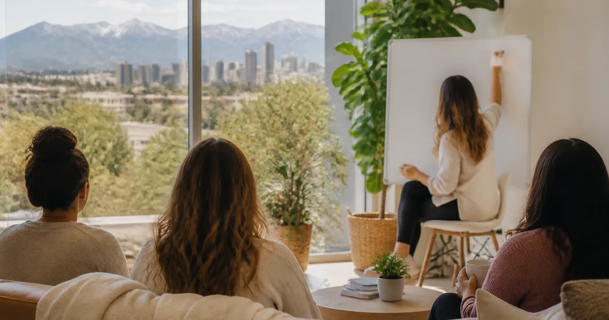 Women facing a facilitator and blank whiteboard in a bright group setting with city and mountain views, fitting a Denver PHP.