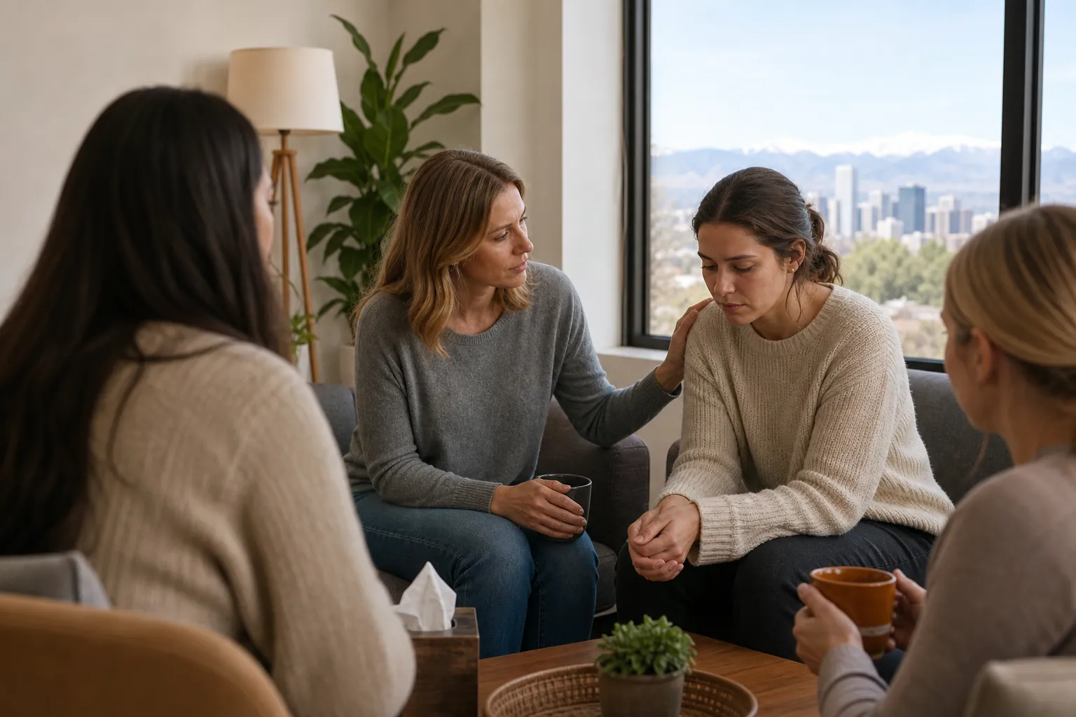Women Sharing Support in a Comfortable Group Setting Four women sit together in a bright room, one resting a supportive hand on another's shoulder, with a city skyline beyond.