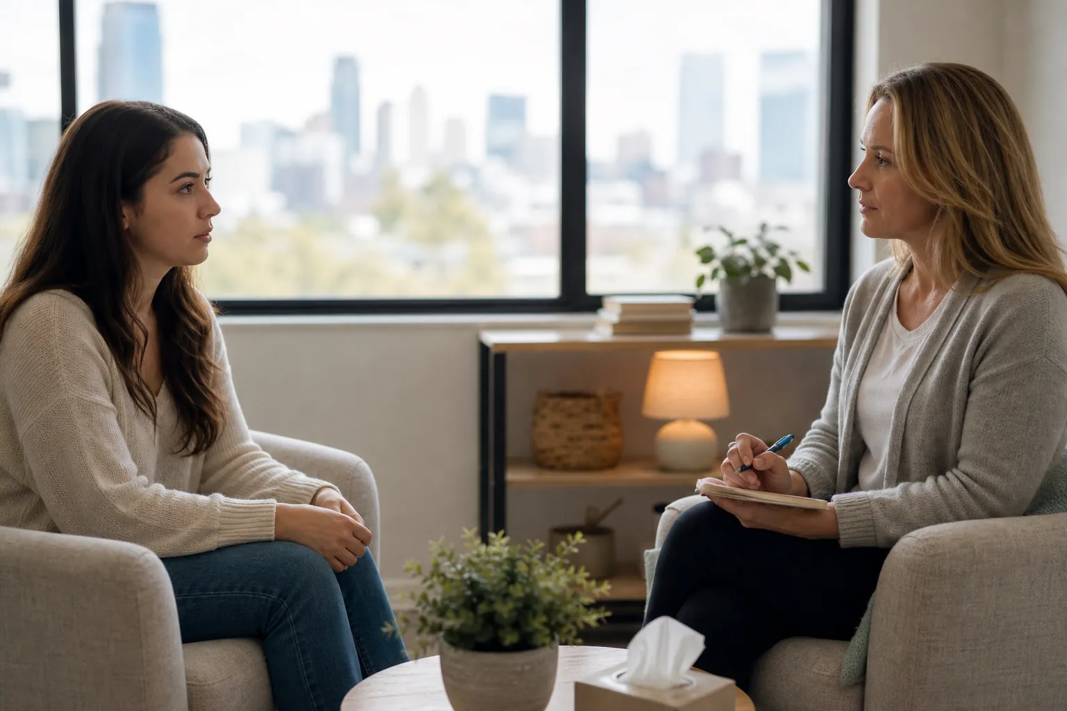 Two Women Talking in a Bright Counseling Office Two women sit facing each other in armchairs, one holding a pen and notebook, in a bright office with a city view.