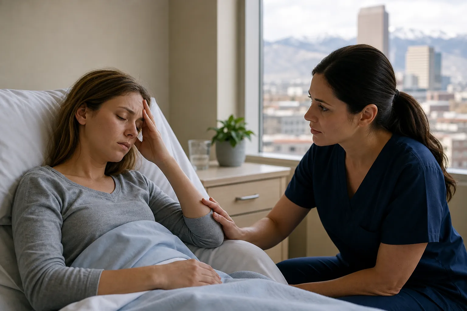Clinician Comforting a Woman in a Hospital Bed A woman rests in a hospital bed with her hand against her forehead while a clinician in navy scrubs holds her arm.