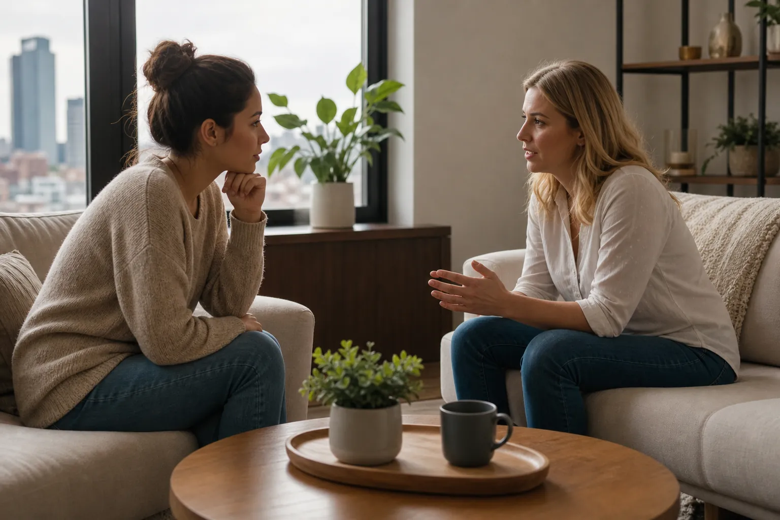 Two Women Talking in a Comfortable Sitting Room Two women lean toward each other in conversation on cream sofas, with a mug and potted plant on a wooden coffee table.