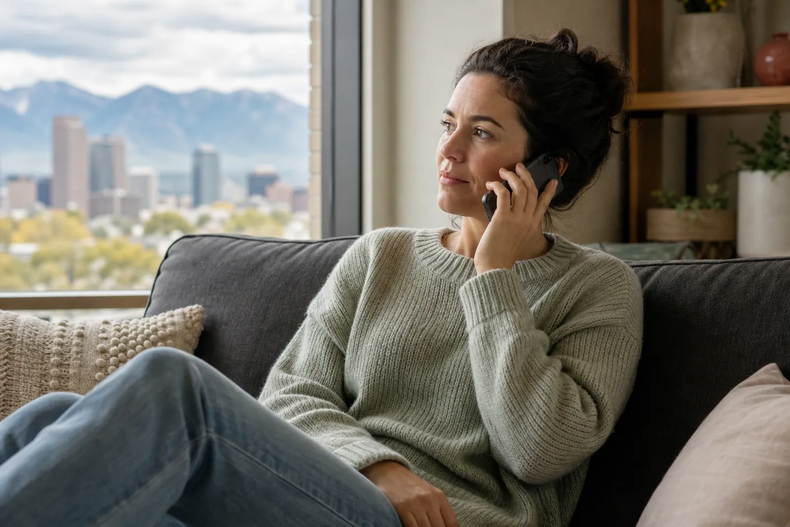 Woman Taking a Phone Call on a Couch A woman in a pale green sweater sits on a dark couch, holding a phone to her ear beside a window overlooking a city and mountains.