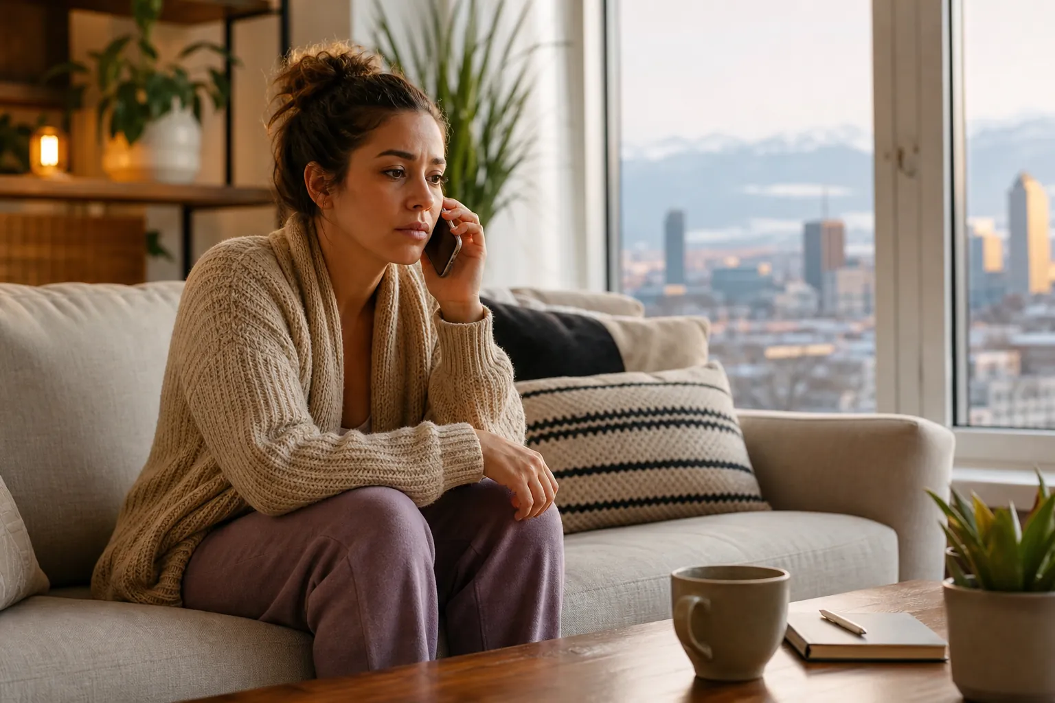 Woman Taking a Phone Call on a Sofa A woman in a knit cardigan sits on a sofa holding a phone to her ear, with a city and mountains visible through large windows.