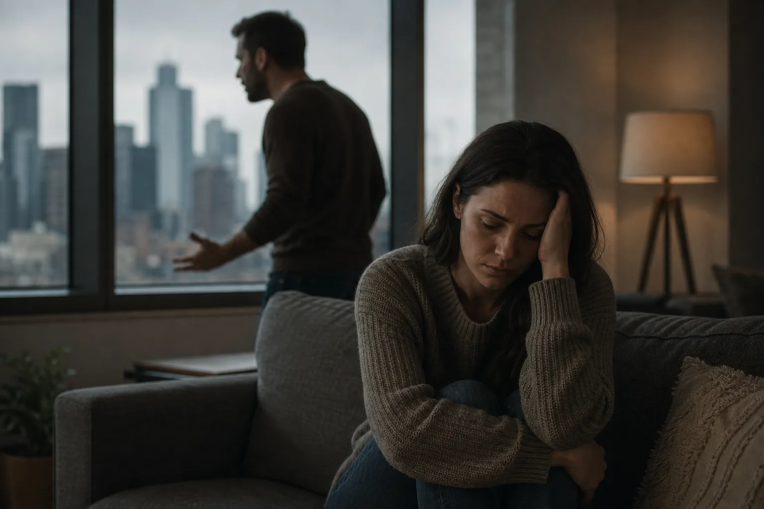 Distressed Woman on Sofa With Man Gesturing Behind Her A distressed woman sits curled on a gray sofa with a hand against her head while a man gestures behind her near a window.