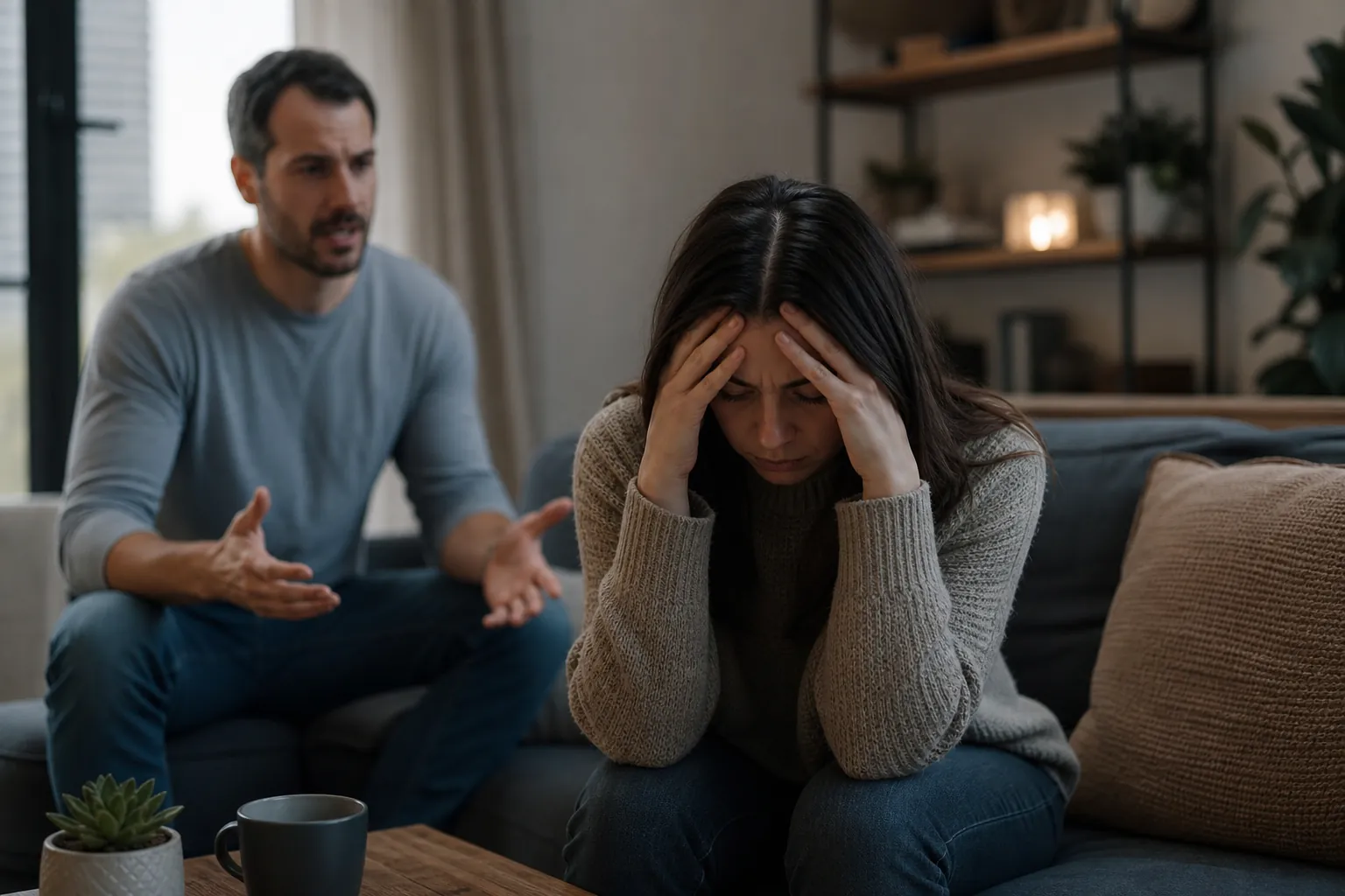 Distressed Woman and Gesturing Man on a Sofa A distressed woman sits on a sofa with her hands against her forehead while a man behind her gestures with open hands.
