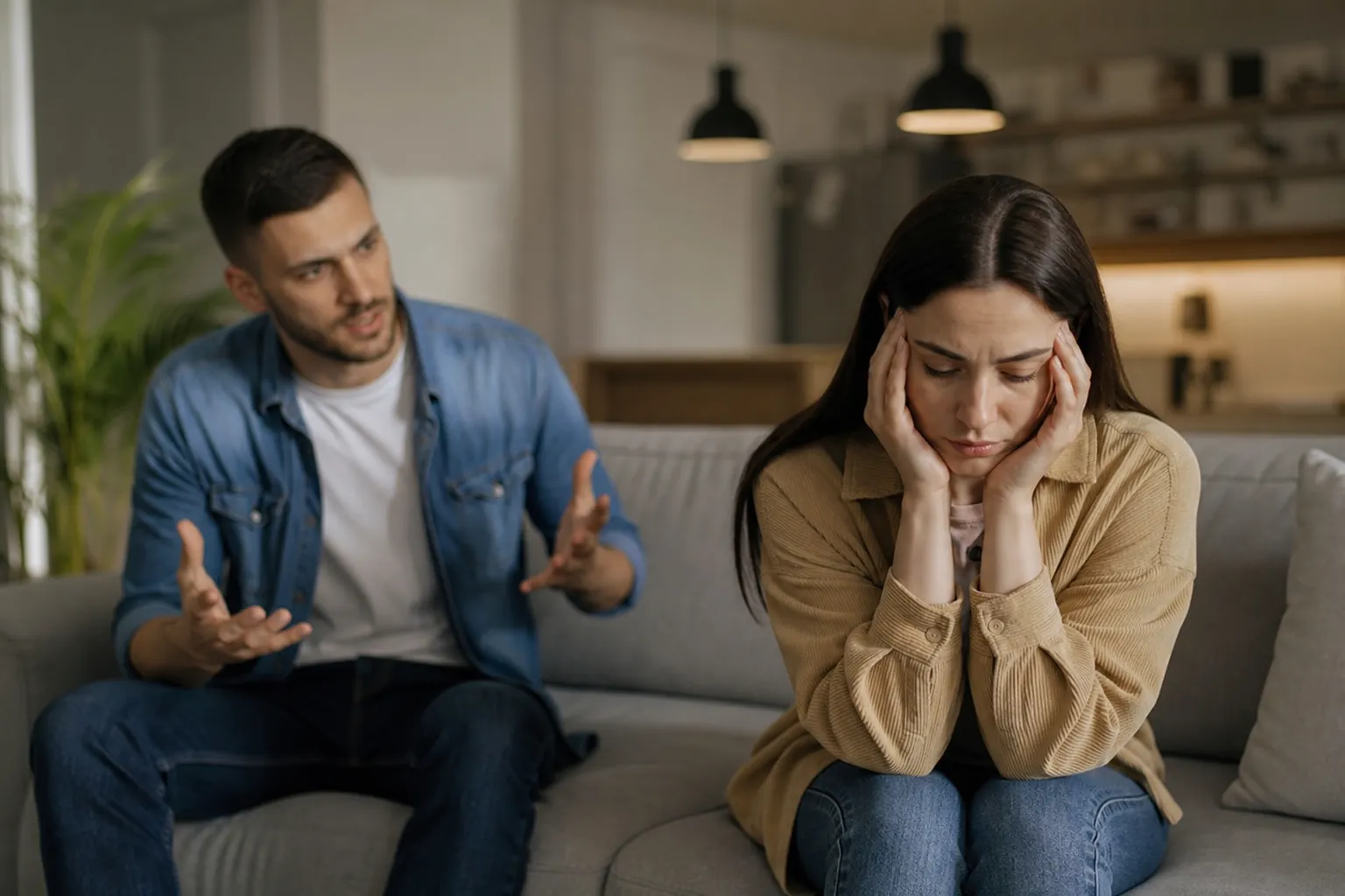 Distressed Woman Beside a Gesturing Man on a Sofa A distressed woman sits on a gray sofa with her hands against her temples while a man beside her gestures with both hands.