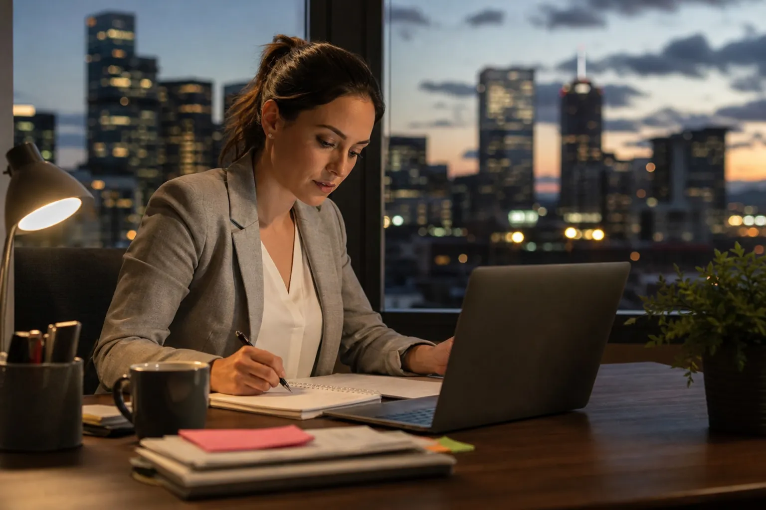 Evening IOP For Working Women In Denver, CO - Woman Working at an Office Desk at Dusk Woman Working at an Office Desk at Dusk; Evening IOP For Working Women In Denver, CO