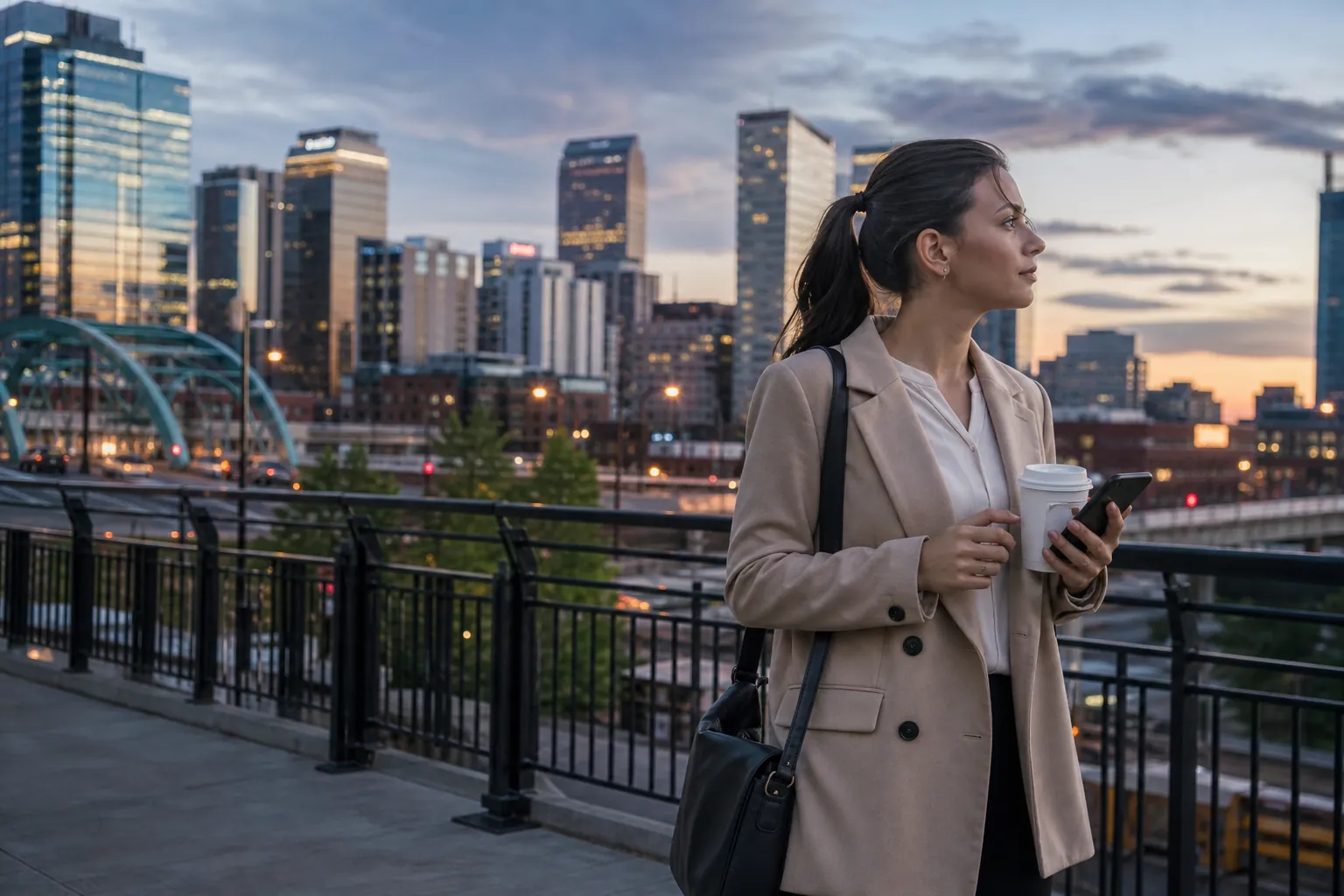 Evening IOP For Working Women In Denver, CO - Woman Holding Coffee and Phone by City Woman Holding Coffee and Phone by City; Evening IOP For Working Women In Denver, CO