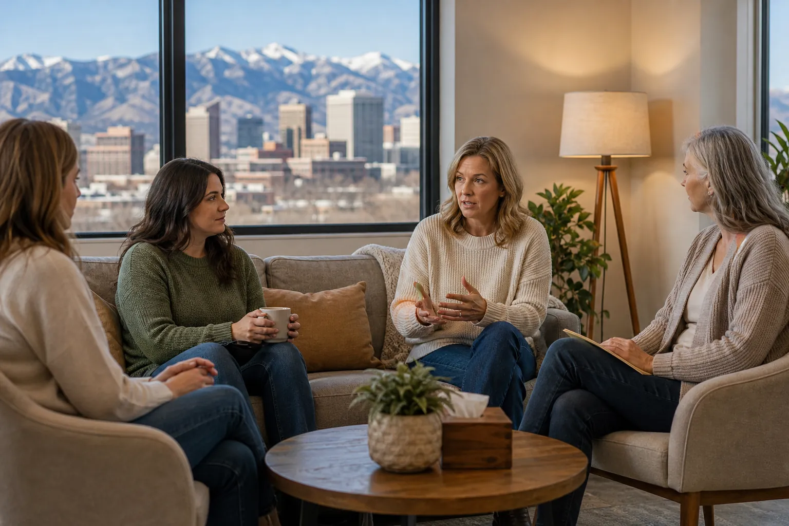 Four Women in a Supportive Group Conversation Four women sit in a conversational circle in a cozy room, with a city skyline and snowcapped mountains outside the windows.