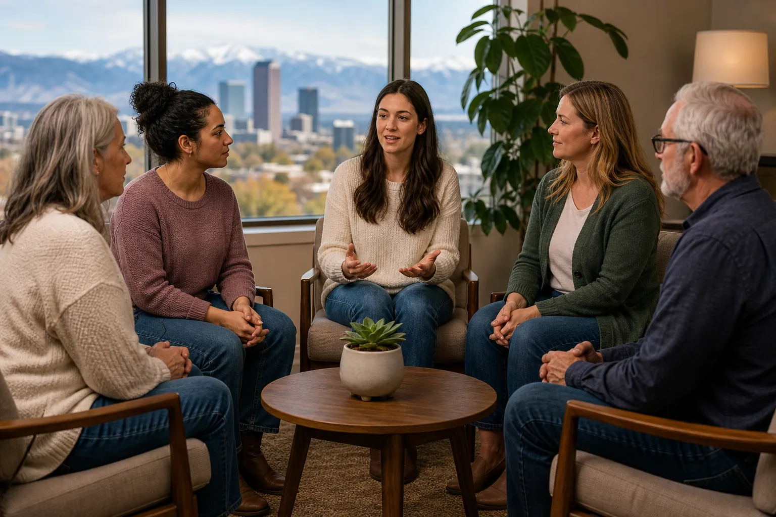 Group Conversation in a Mountain-View Room Four women and one man sit in a circle around a wooden table as the center woman gestures, with mountains visible outside.