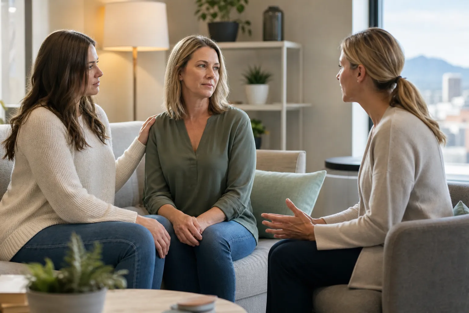 Three Women in a Supportive Counseling Conversation Three women sit in a bright room, one resting a hand on the central woman's shoulder while the woman opposite gestures.
