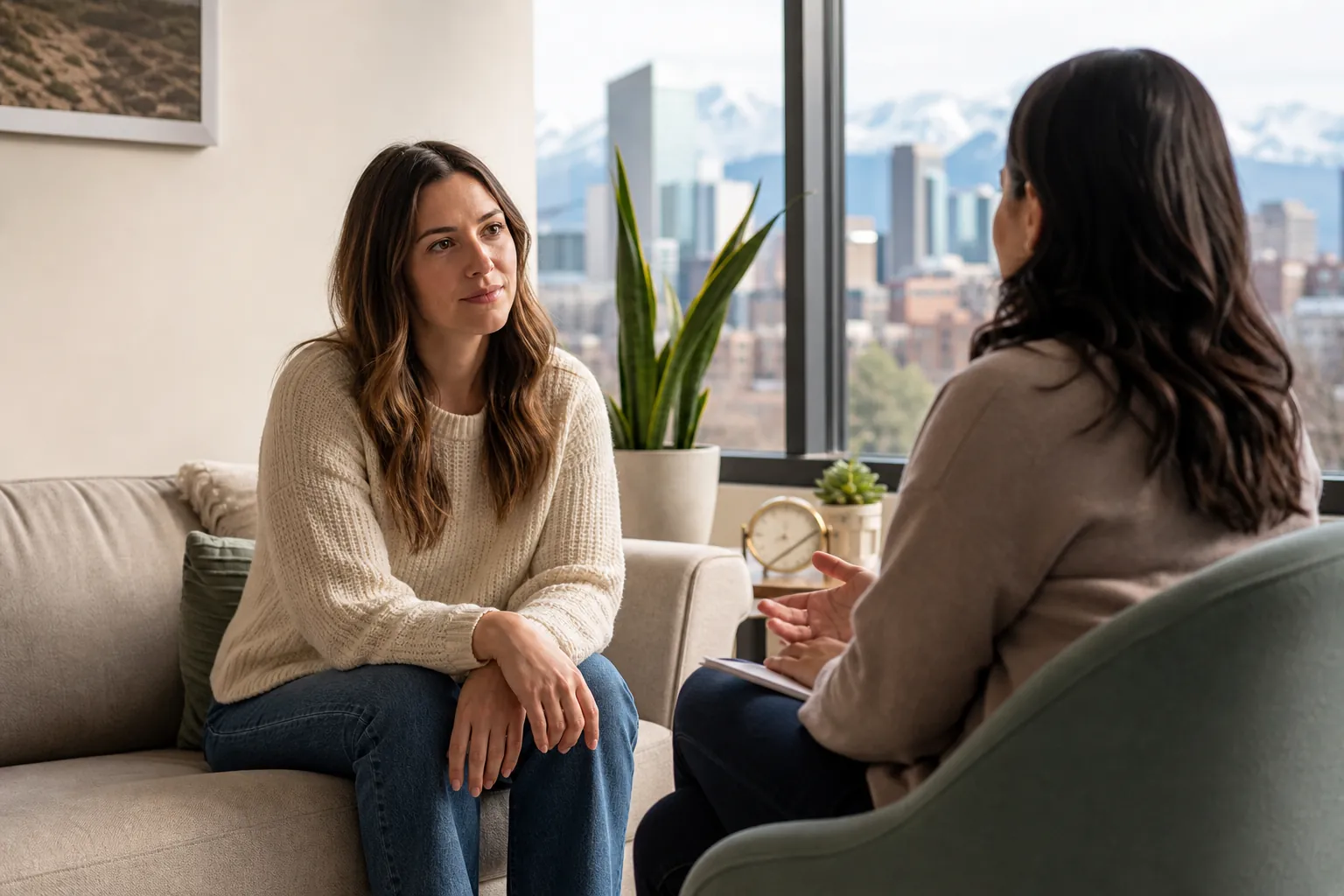 Women Talking in a Counseling Office Two women sit facing each other in a counseling office with a city skyline and snowy mountains visible through the windows.