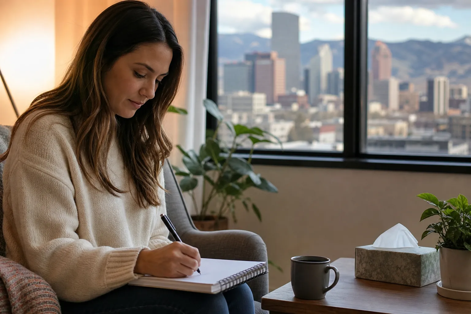 Woman Writing Notes in a Quiet Seating Area A woman writes in a spiral notebook on her lap beside a table with a mug, tissues, and plants, with a city view behind her.