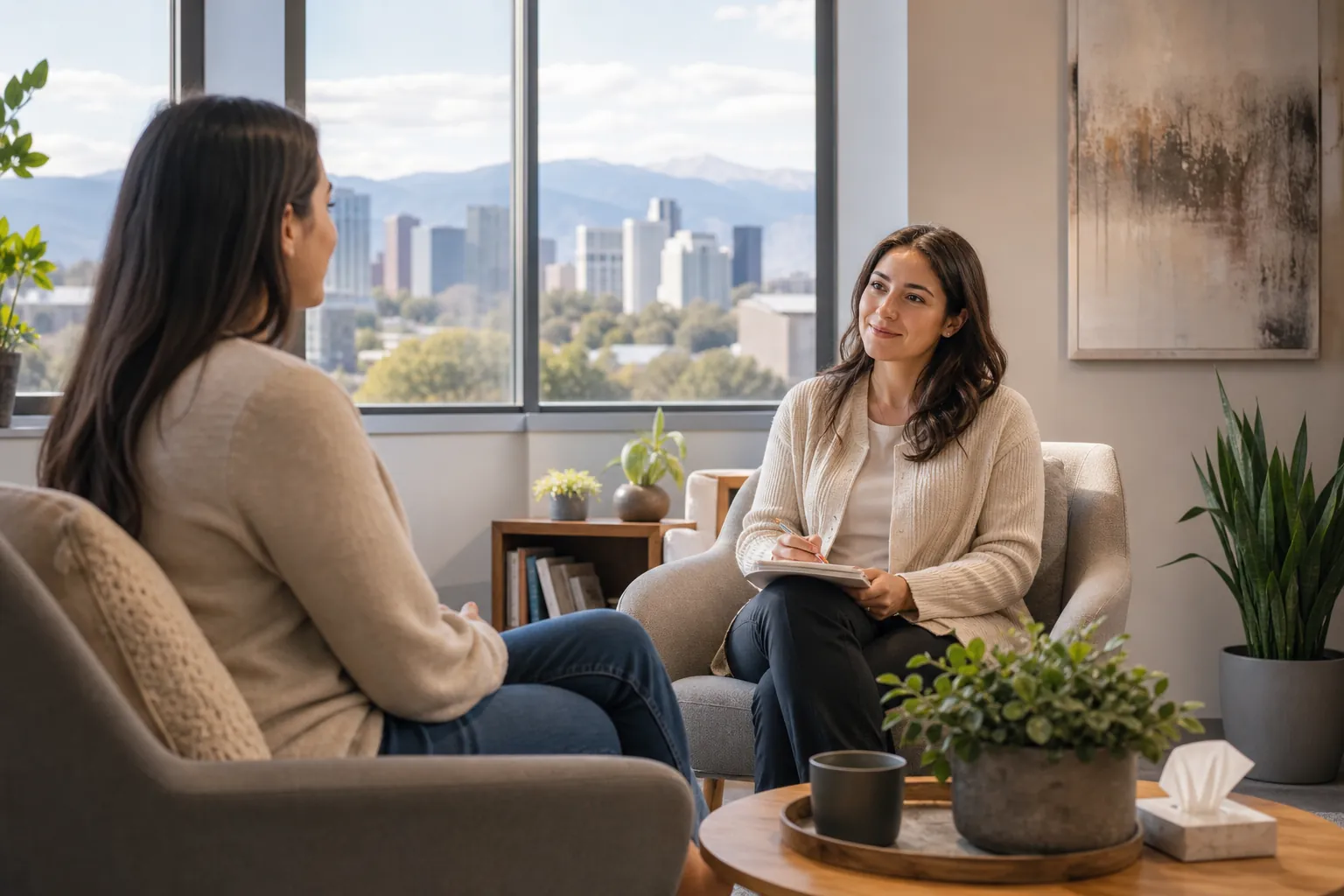 Two Women Talking in a Comfortable Counseling Office Two women sit facing each other in a bright office, one holding a pen and notebook, with city buildings and mountains outside.
