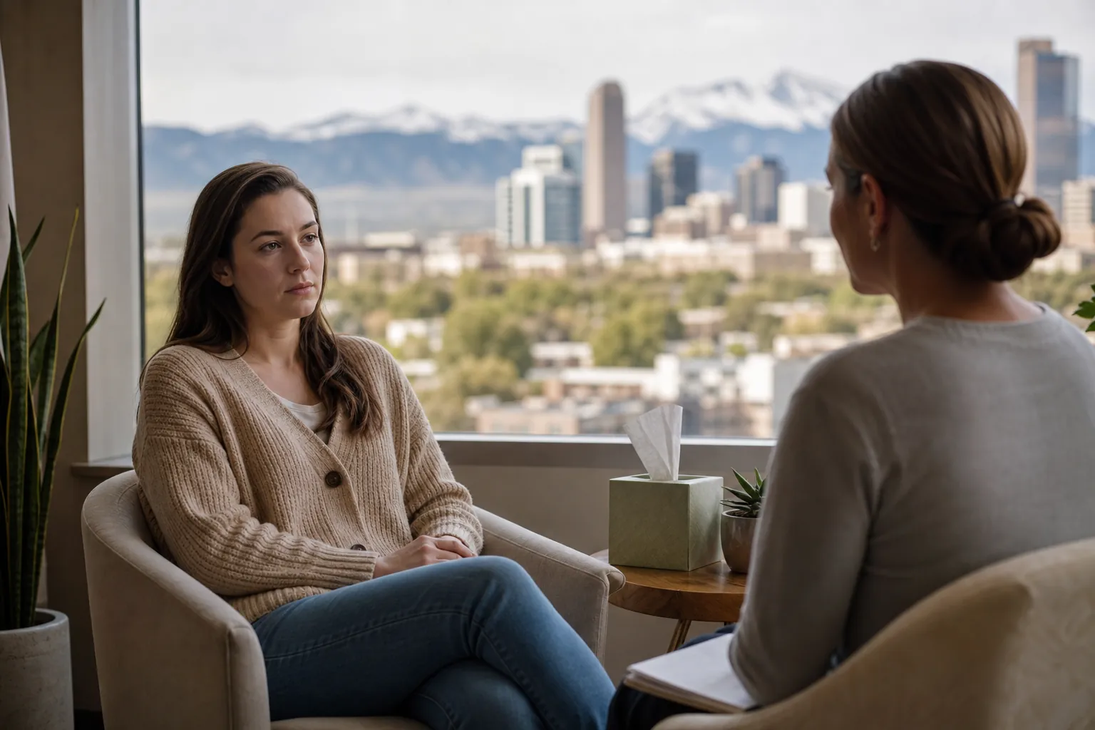 Two Women in a Counseling Setting With Mountain Views Two women sit facing each other in an office with tissues on a table and a city skyline and snowy mountains beyond the window.