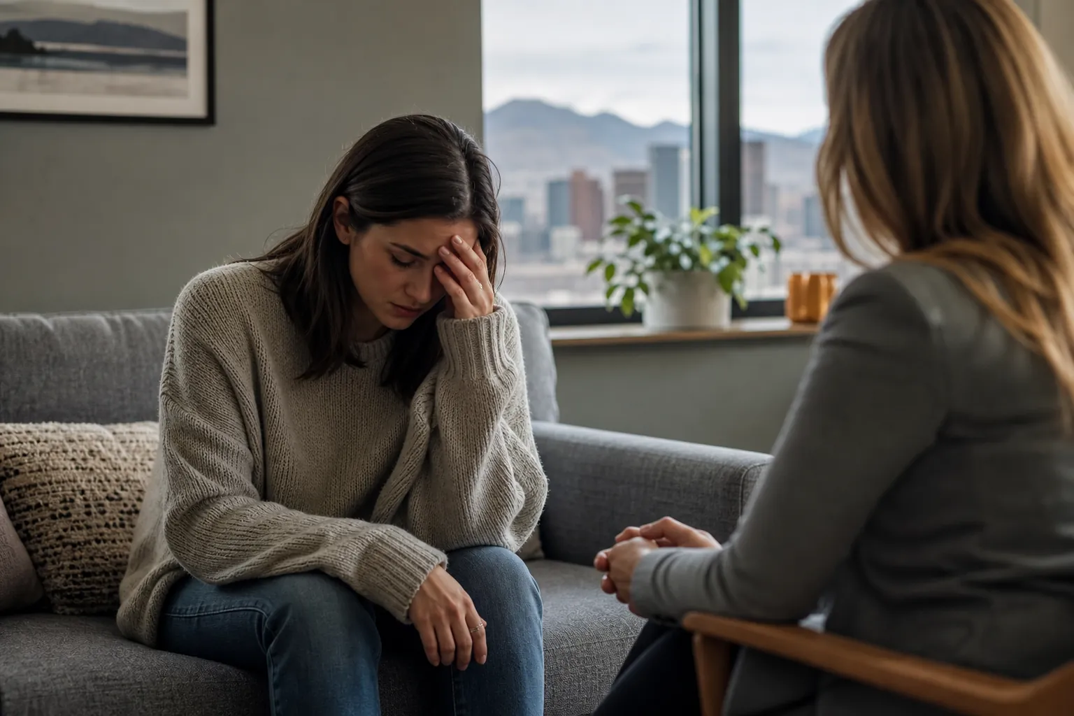 Distressed Woman Speaking With a Female Counselor A distressed woman sits on a gray sofa with a hand against her forehead, facing another woman seated in an office.