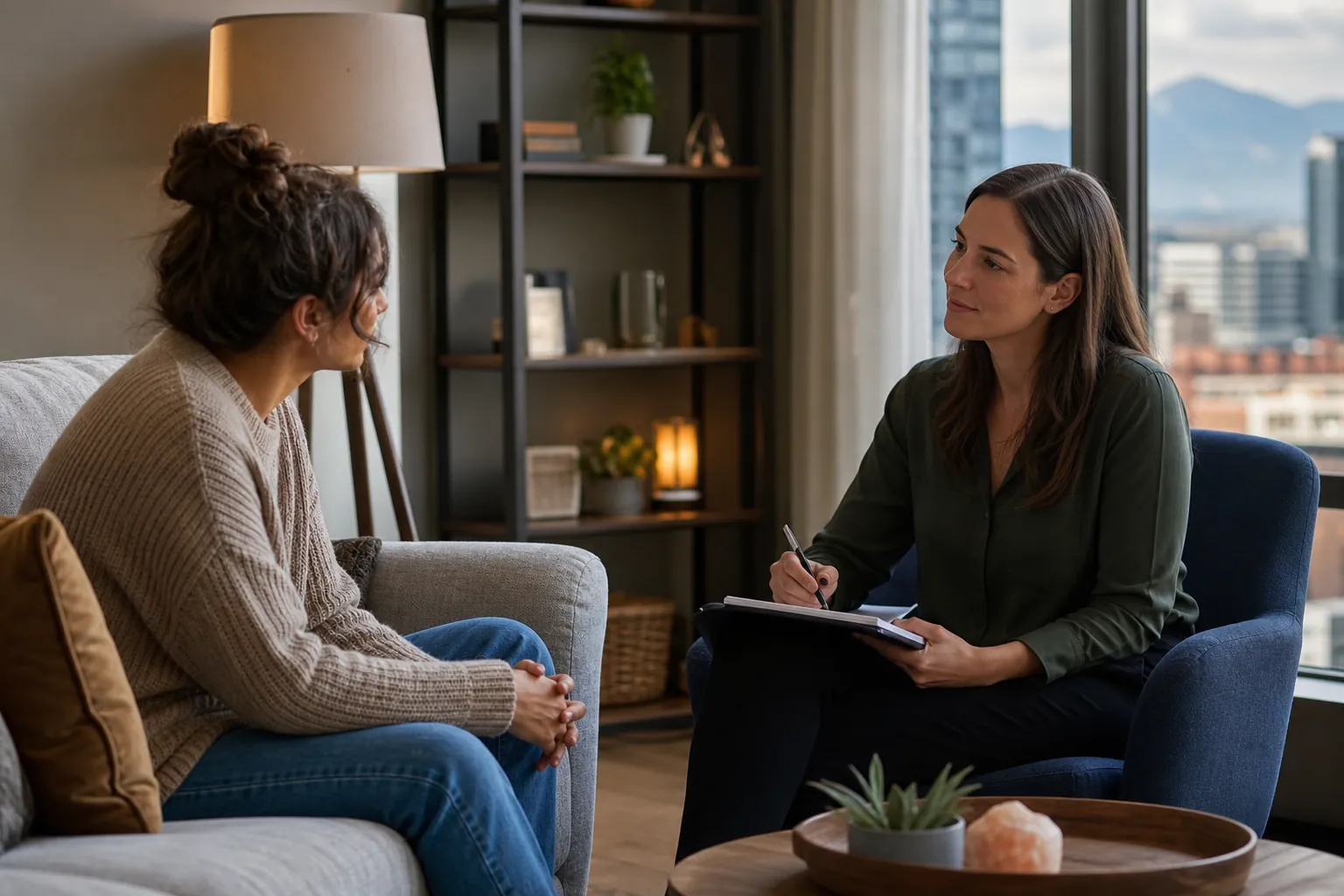 Two Women in a Supportive Counseling Session Two women sit facing each other in a counseling office, one holding a pen and notebook while the other clasps her hands.
