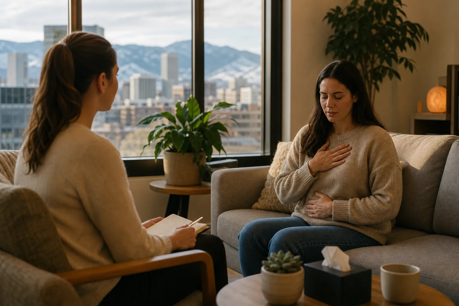 Grounding Exercise in a Mountain-View Therapy Office A woman sits with eyes closed and hands on her chest and abdomen while another woman holds a notebook in a mountain-view office.