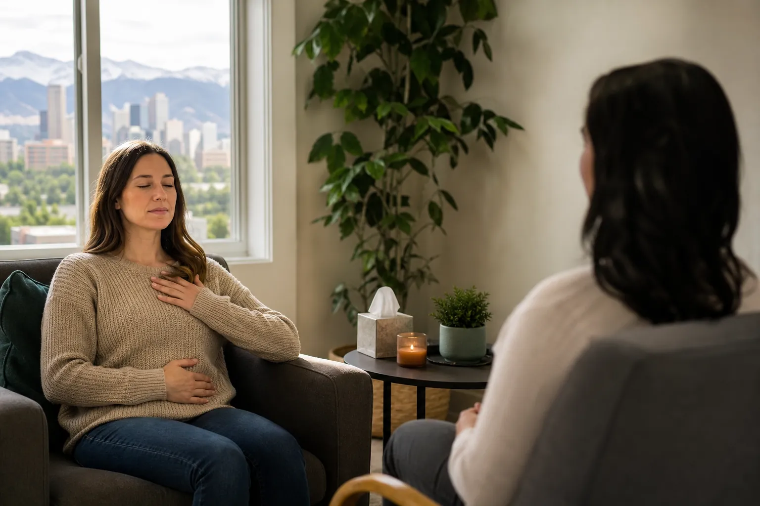 Seated Grounding Exercise in a Therapy Setting A seated woman closes her eyes with one hand on her chest and the other on her abdomen, facing another seated woman.