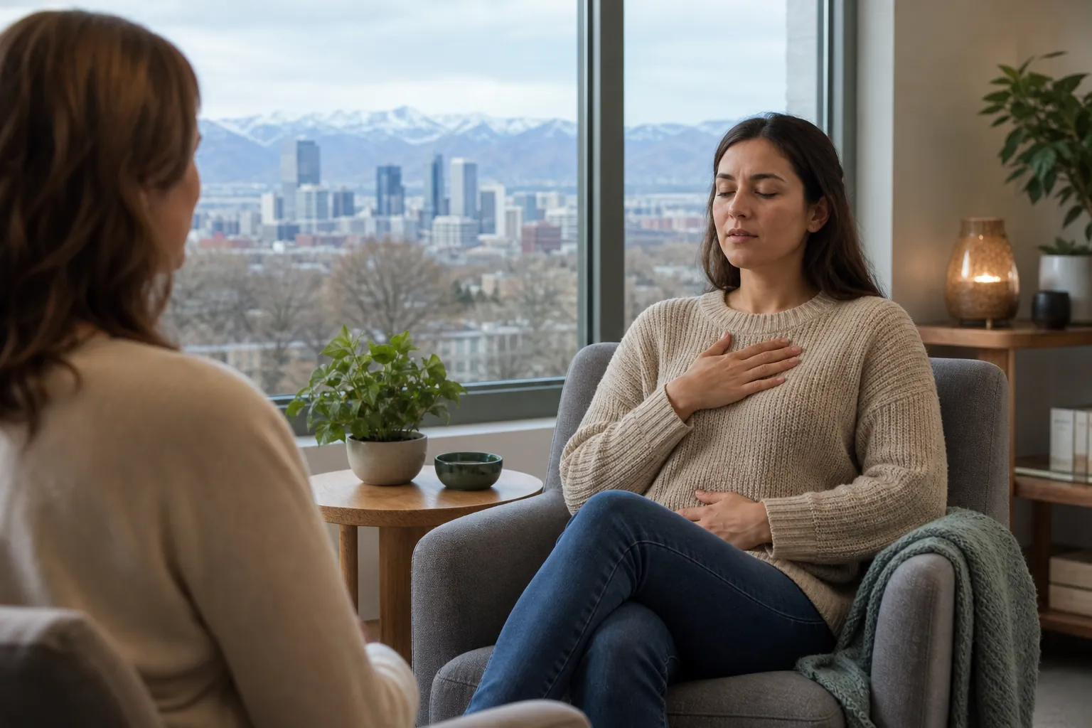 Seated Grounding Exercise With Eyes Closed A seated woman closes her eyes with hands on her chest and abdomen, facing another woman beside a window overlooking a city and mountains.