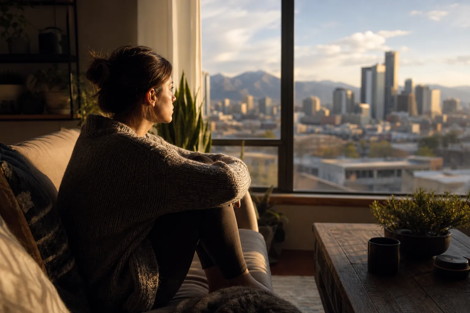 Quiet Reflection by a Window Overlooking the City A woman in a knit sweater sits curled up on a sofa, looking through a sunlit window at a city skyline and mountains.
