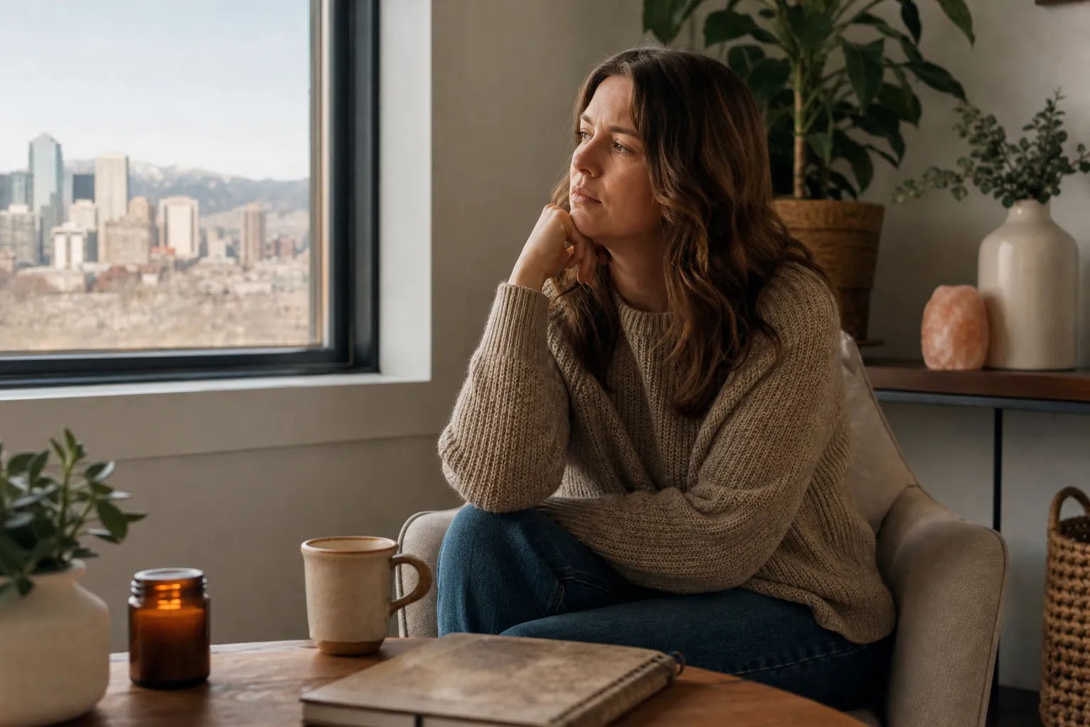 Woman Reflecting Beside a City View Window A woman rests her chin on her hand beside a window overlooking a city, with a mug, candle, and notebook on a table.