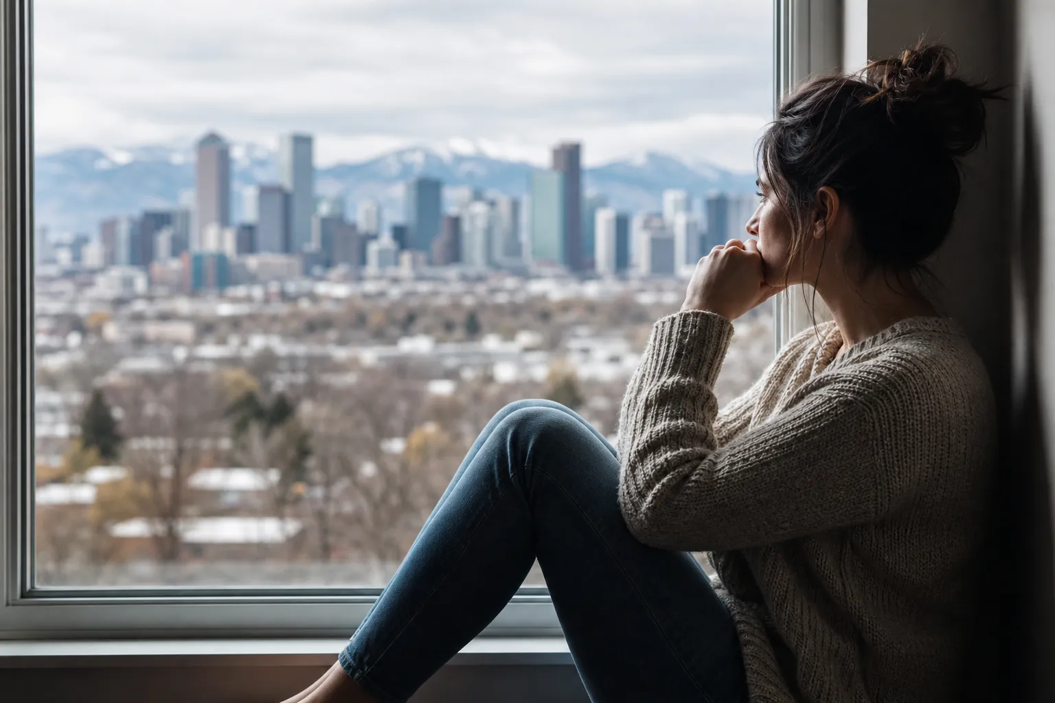 Pensive Woman Beside a Window Overlooking the City A woman in a gray sweater sits with her knees drawn up by a window, gazing at a city skyline and distant mountains.