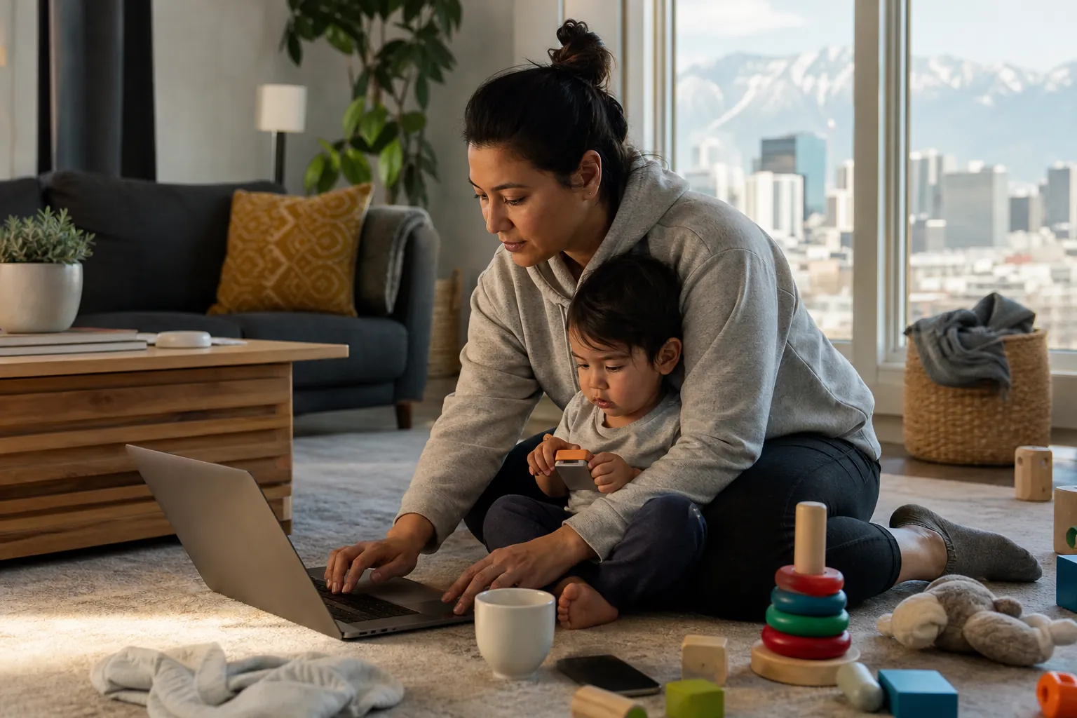 Mother Using a Laptop With a Child on Her Lap A mother uses a laptop with a young child on her lap, surrounded by toys on a rug beside windows overlooking a city and mountains.