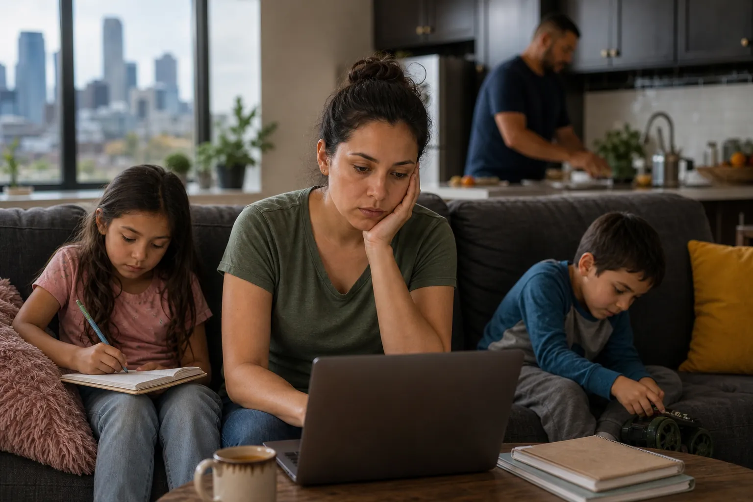 Mother at a Laptop With Children Beside Her A tired-looking mother sits at a laptop between two children on a couch while a man works in the kitchen behind them.
